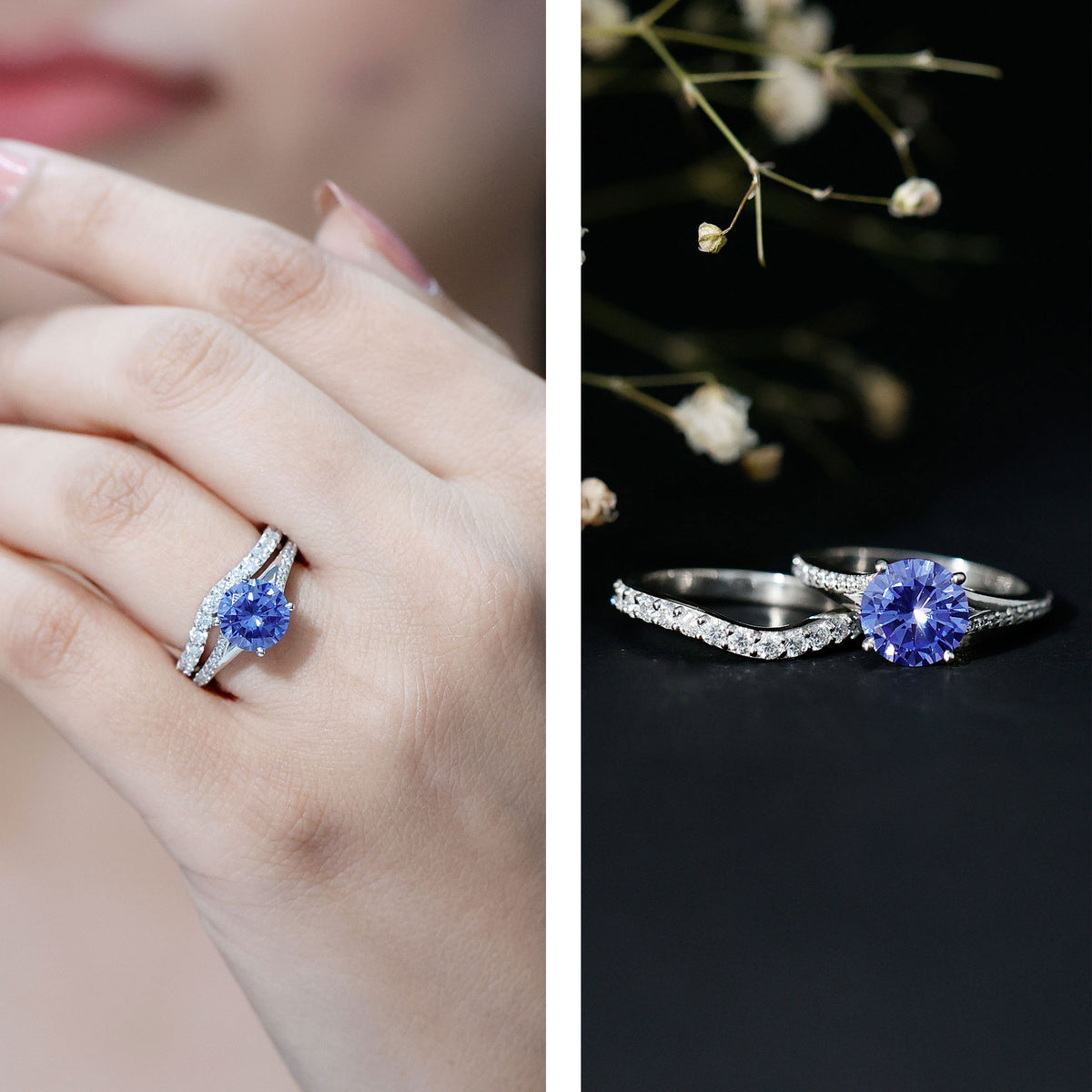 Certified 2.7 Carat Lab Grown Blue Sapphire Engagement Wedding Ring Set with Moissanite AAAA - Rosec Jewels