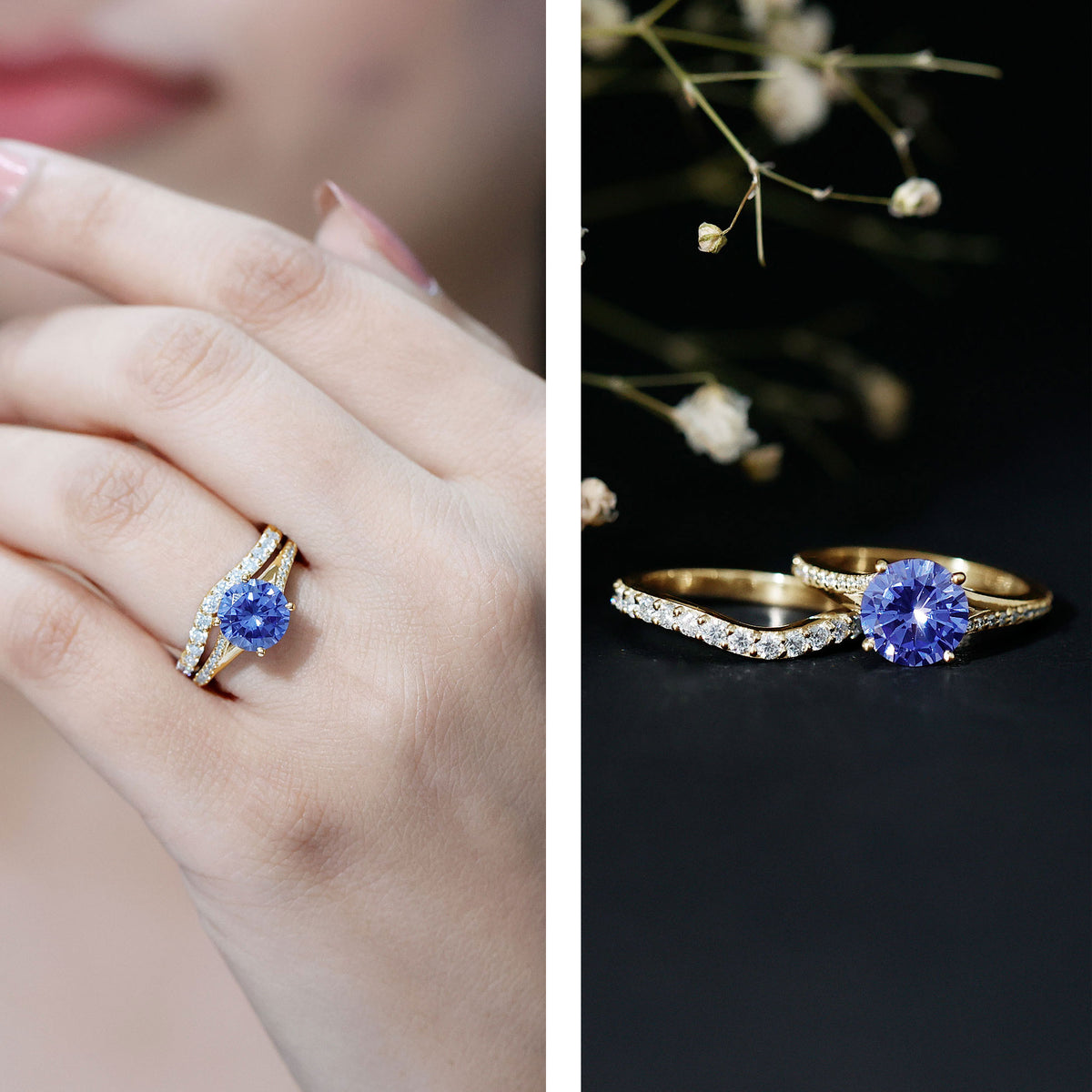 Certified 2.7 Carat Lab Grown Blue Sapphire Engagement Wedding Ring Set with Moissanite AAAA - Rosec Jewels