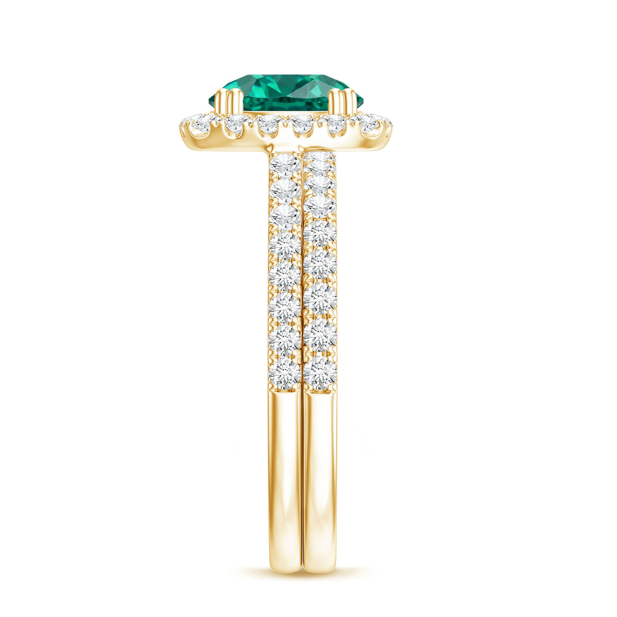 Certified Lab Grown Emerald Halo Engagement Ring with Moissanite Wedding Band AAAA - Rosec Jewels
