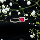 Lab Created Ruby and Moissanite Halo Wedding Ring Set for Bride AAAA - Rosec Jewels