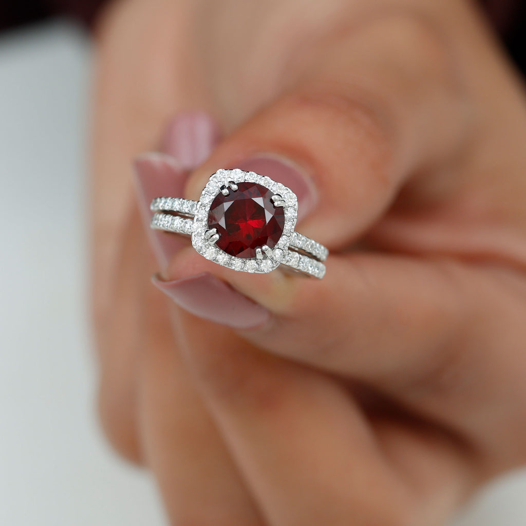3.75 CT Created Ruby Bridal Ring Set with Moissanite in Gold Lab Created Ruby - ( AAAA ) - Quality - Rosec Jewels