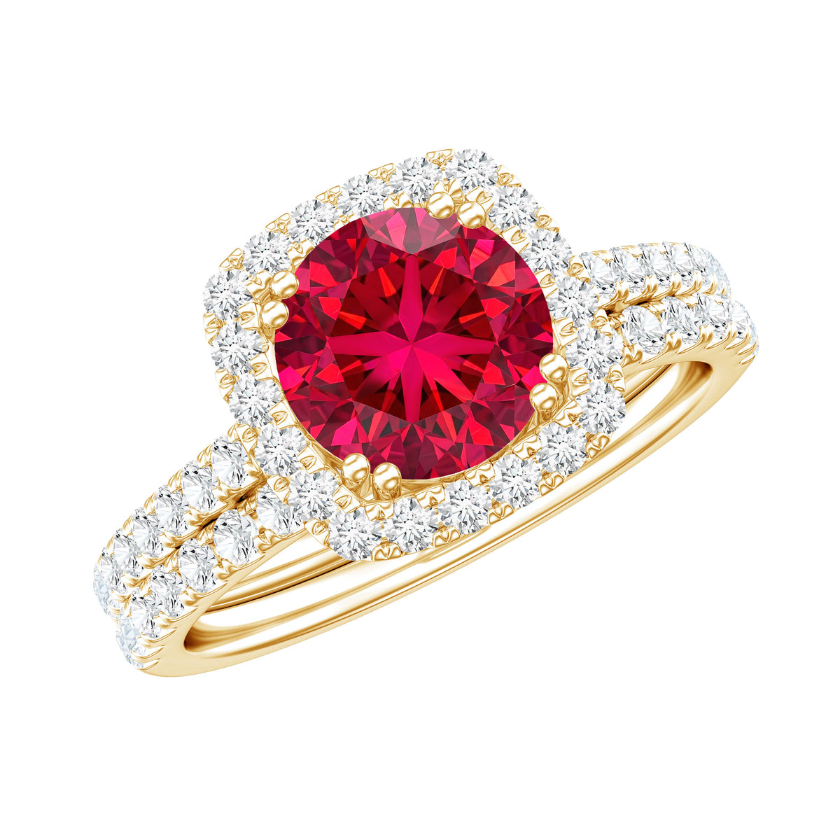Lab Created Ruby and Moissanite Halo Wedding Ring Set for Bride AAAA - Rosec Jewels