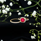 Lab Created Ruby and Moissanite Halo Wedding Ring Set for Bride AAAA - Rosec Jewels