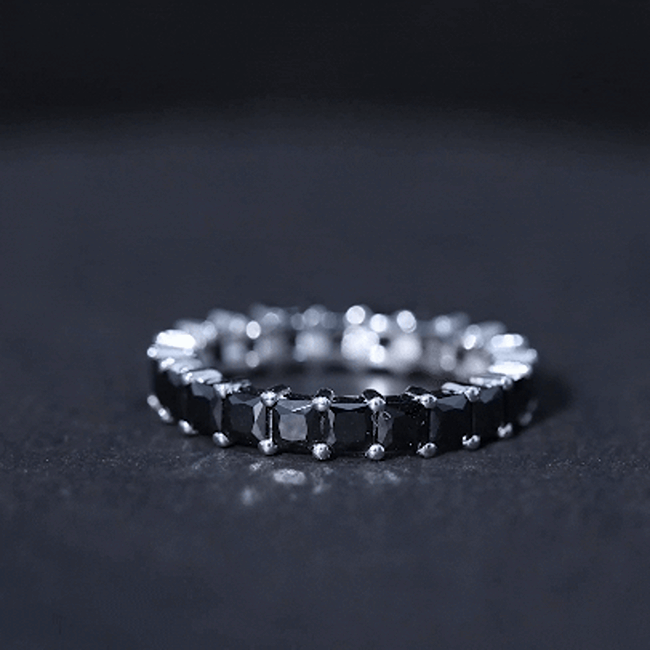 Princess Cut Black Onyx Wedding Band in Shared Prong Setting AAA - Rosec Jewels