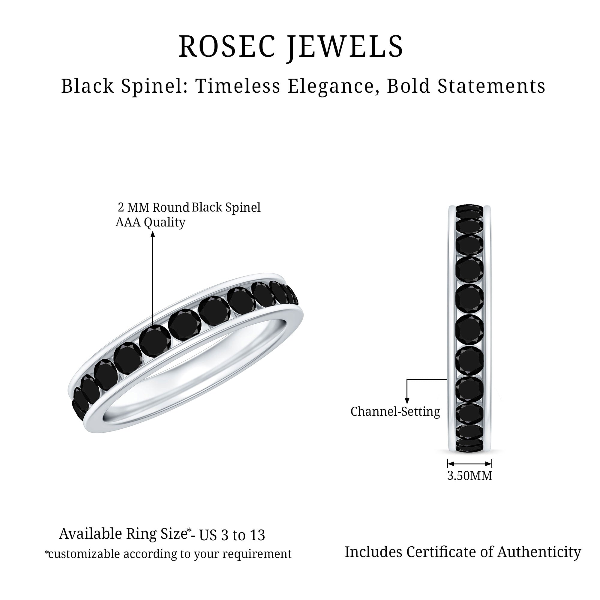 Rosec Jewels-Natural Channel Set Black Spinel Eternity Ring for Anniversary
