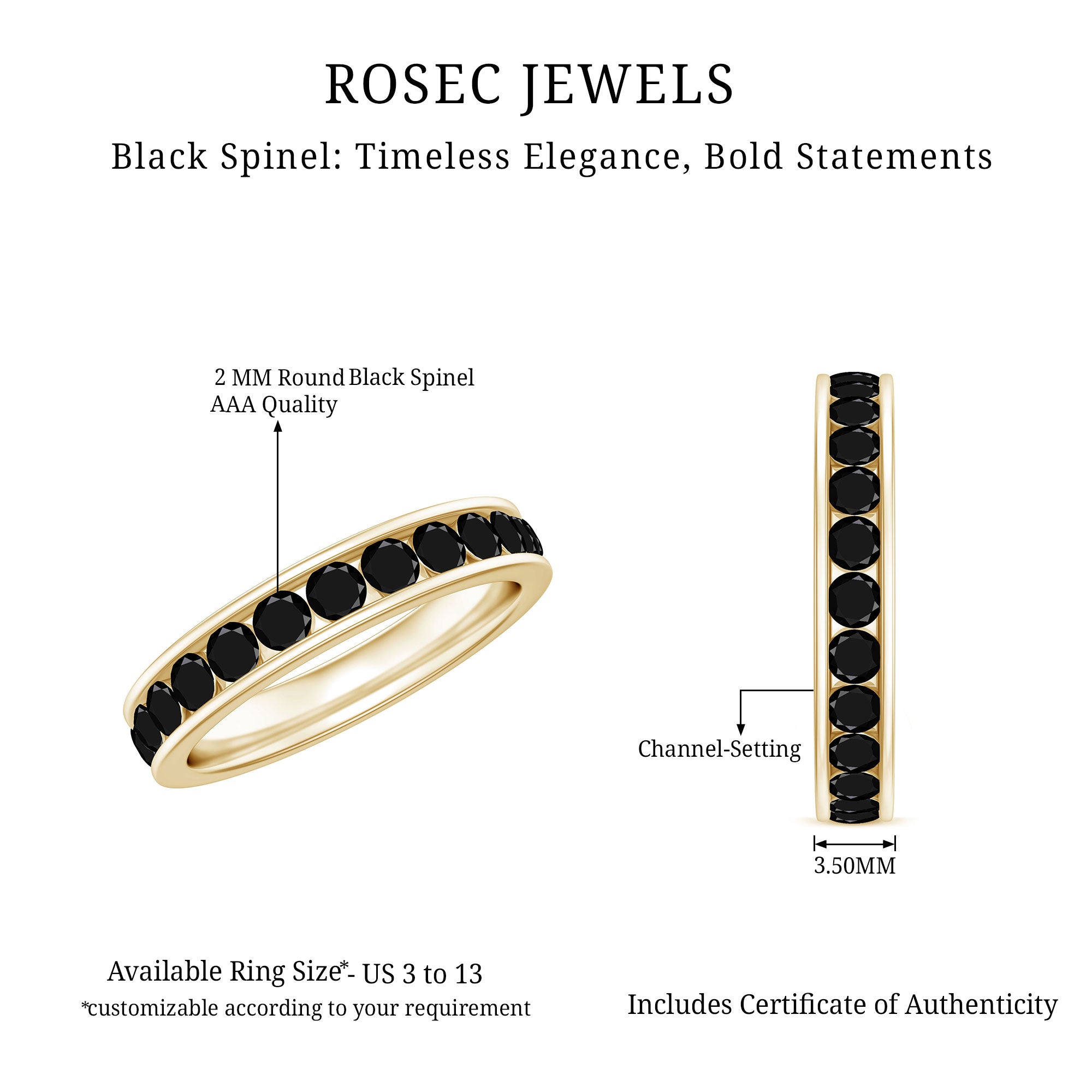 Rosec Jewels-Natural Channel Set Black Spinel Eternity Ring for Anniversary