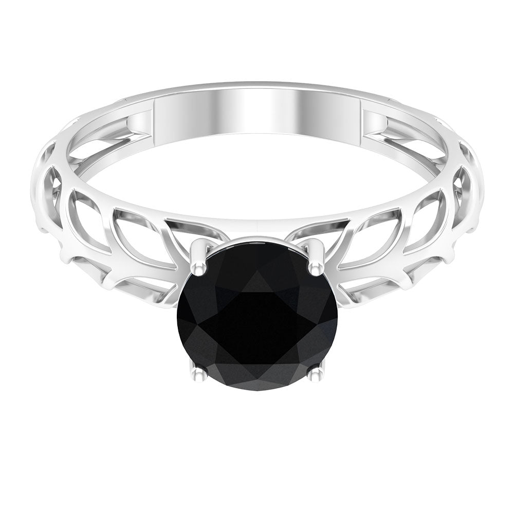 7 MM Natural Round Black Onyx Solitaire Gold Cutwork Ring Black Onyx - ( AAA ) - Quality - Rosec Jewels