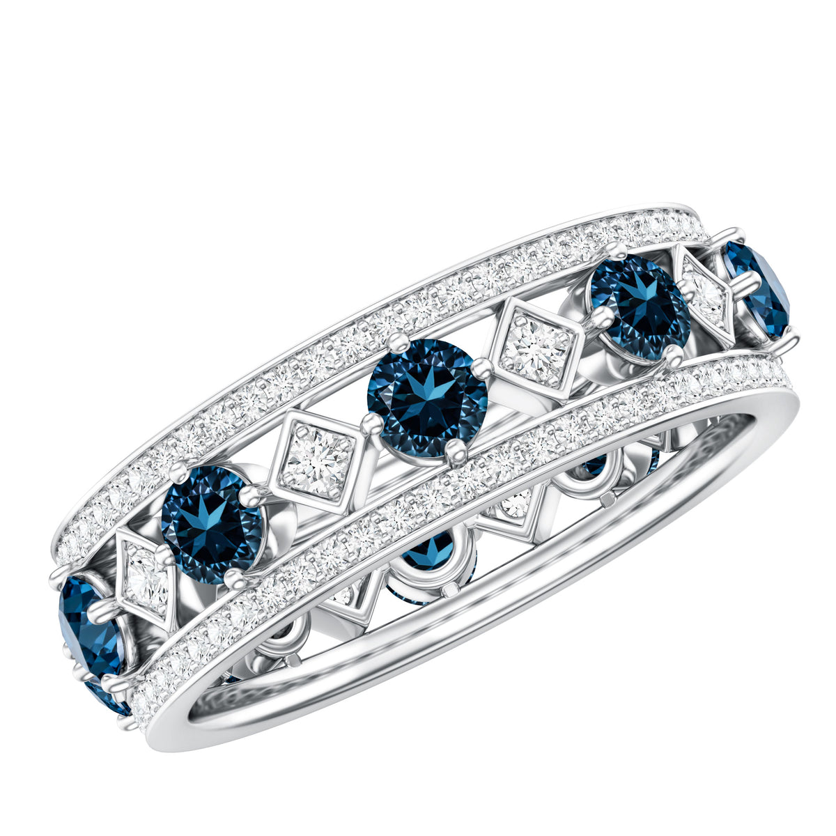 London Blue Topaz Vintage Inspired Eternity Band with Diamond AAA - Rosec Jewels