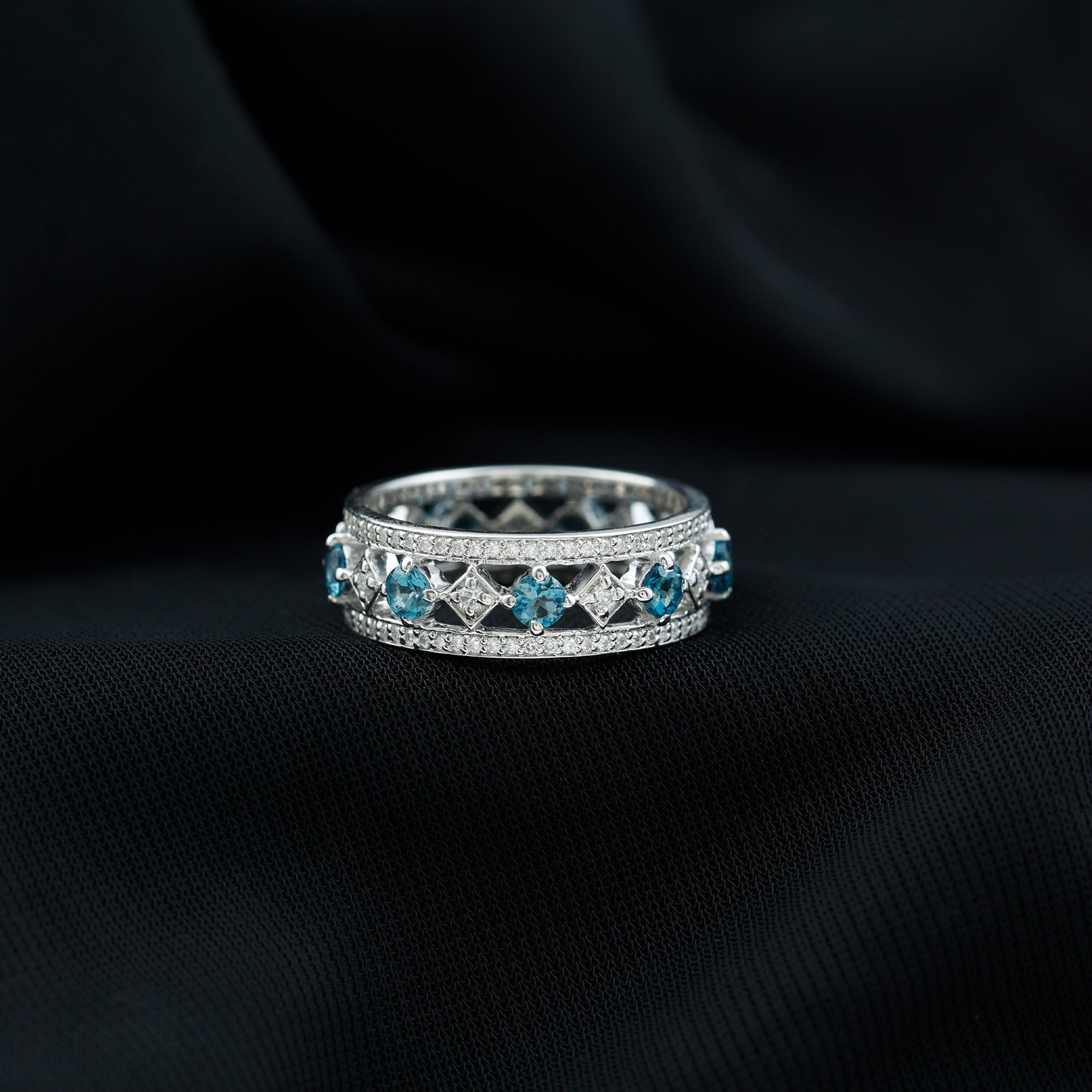 Rosec Jewels-London Blue Topaz Vintage Inspired Eternity Band with Diamond