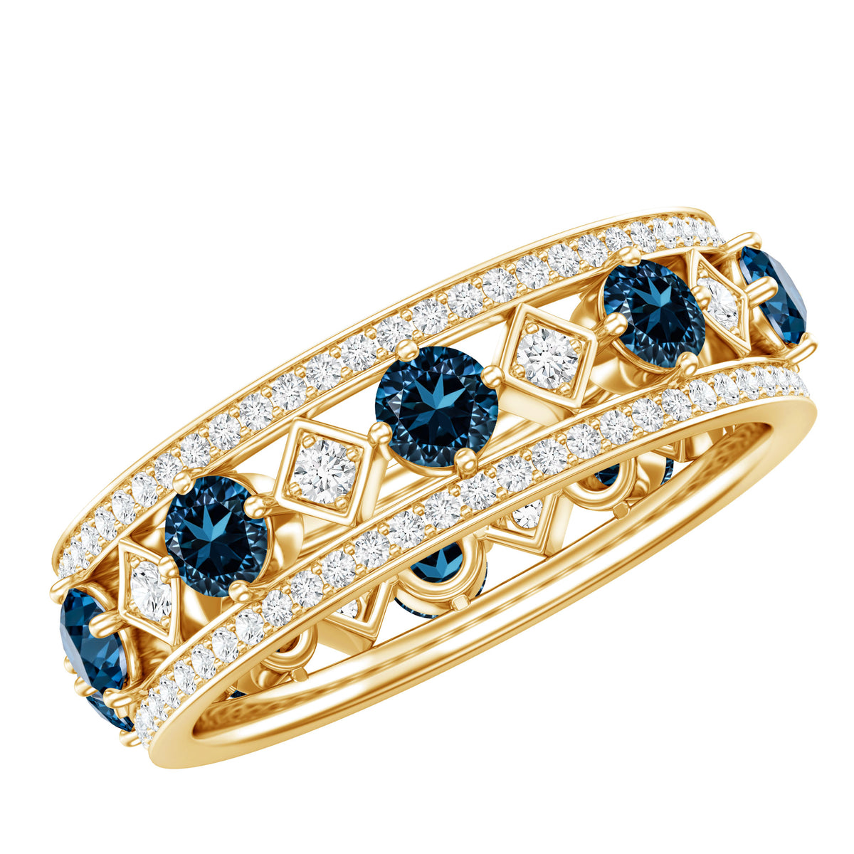 London Blue Topaz Vintage Inspired Eternity Band with Diamond AAA - Rosec Jewels