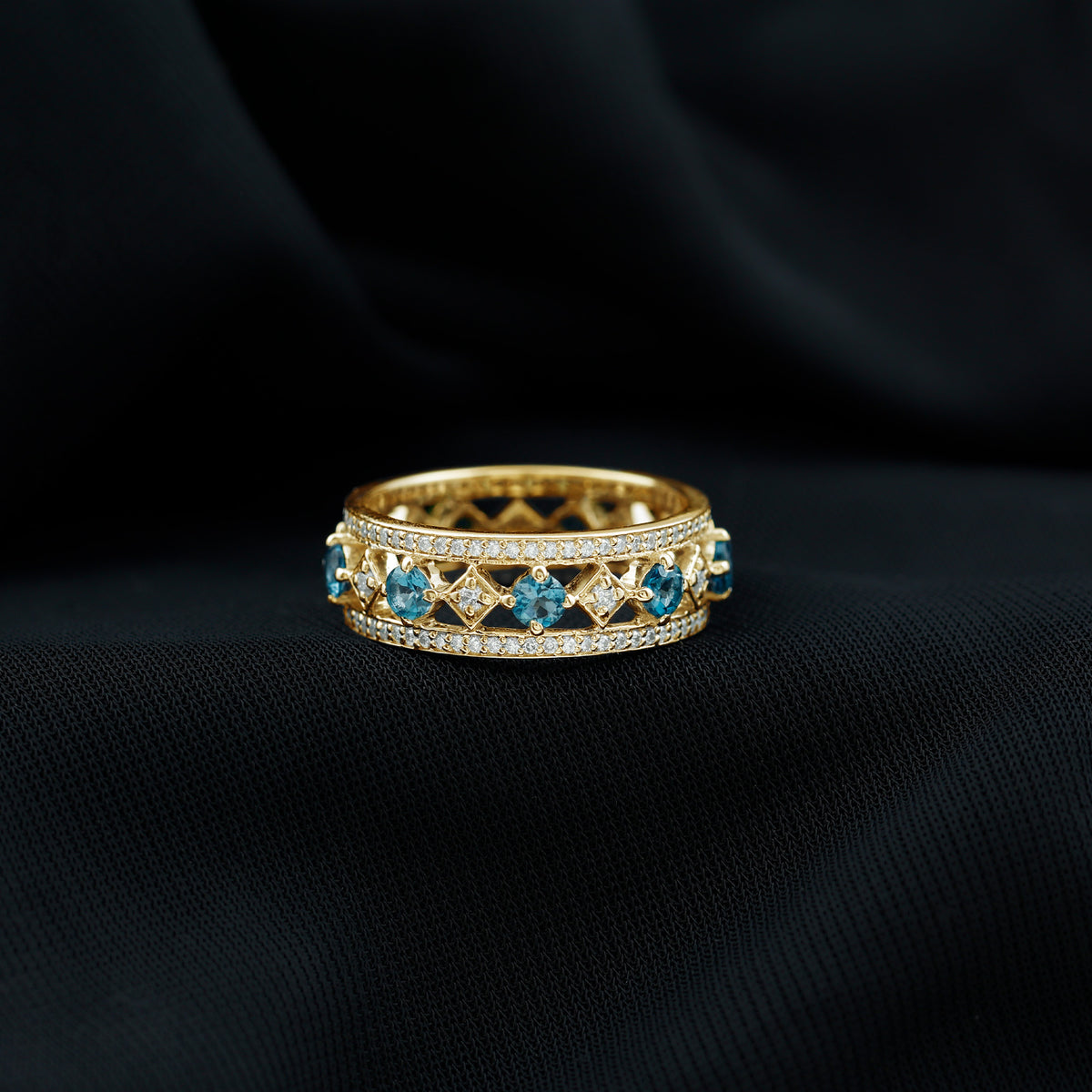 London Blue Topaz Vintage Inspired Eternity Band with Diamond AAA - Rosec Jewels
