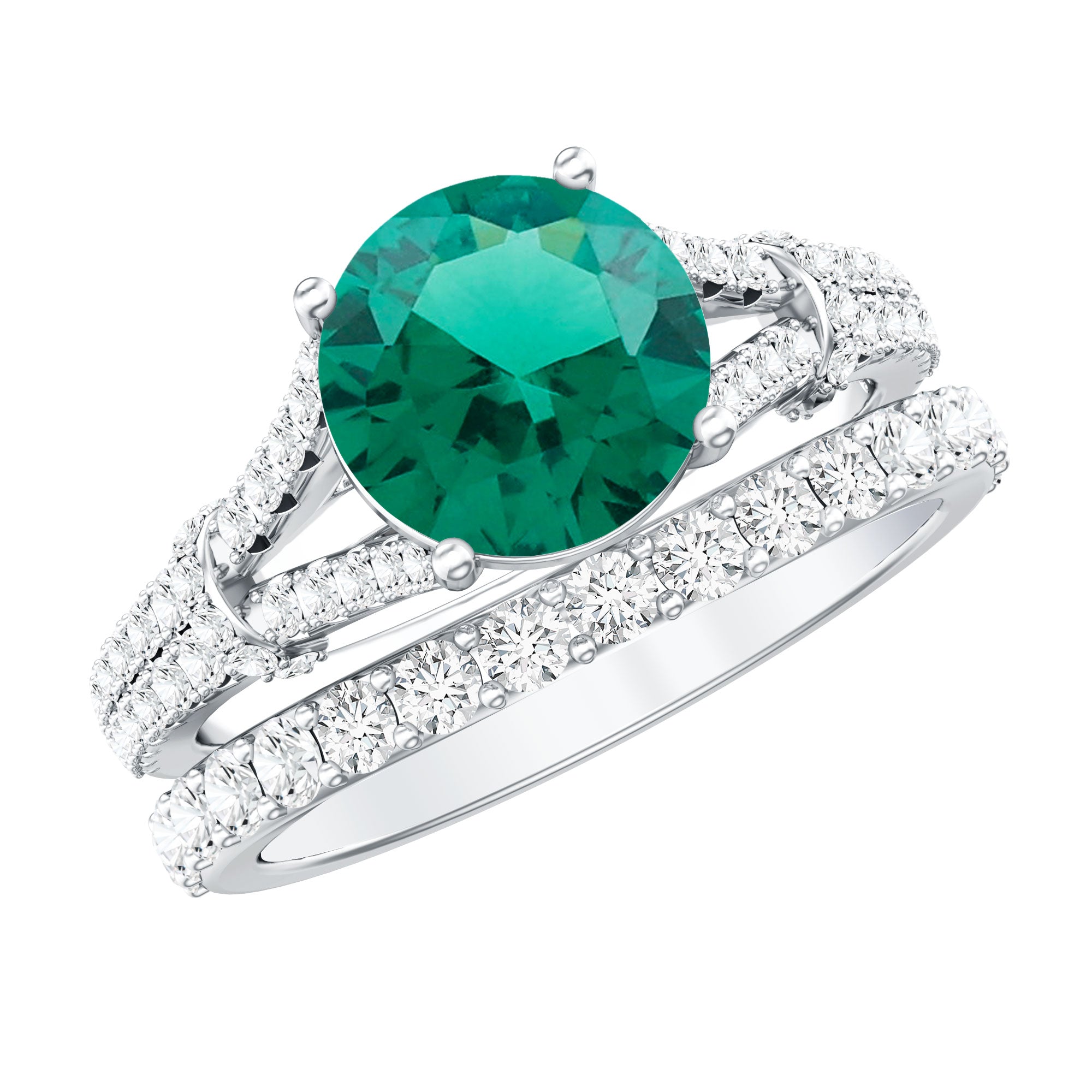Rosec Jewels-Designer Lab Grown Emerald Engagement Ring with Wedding Band