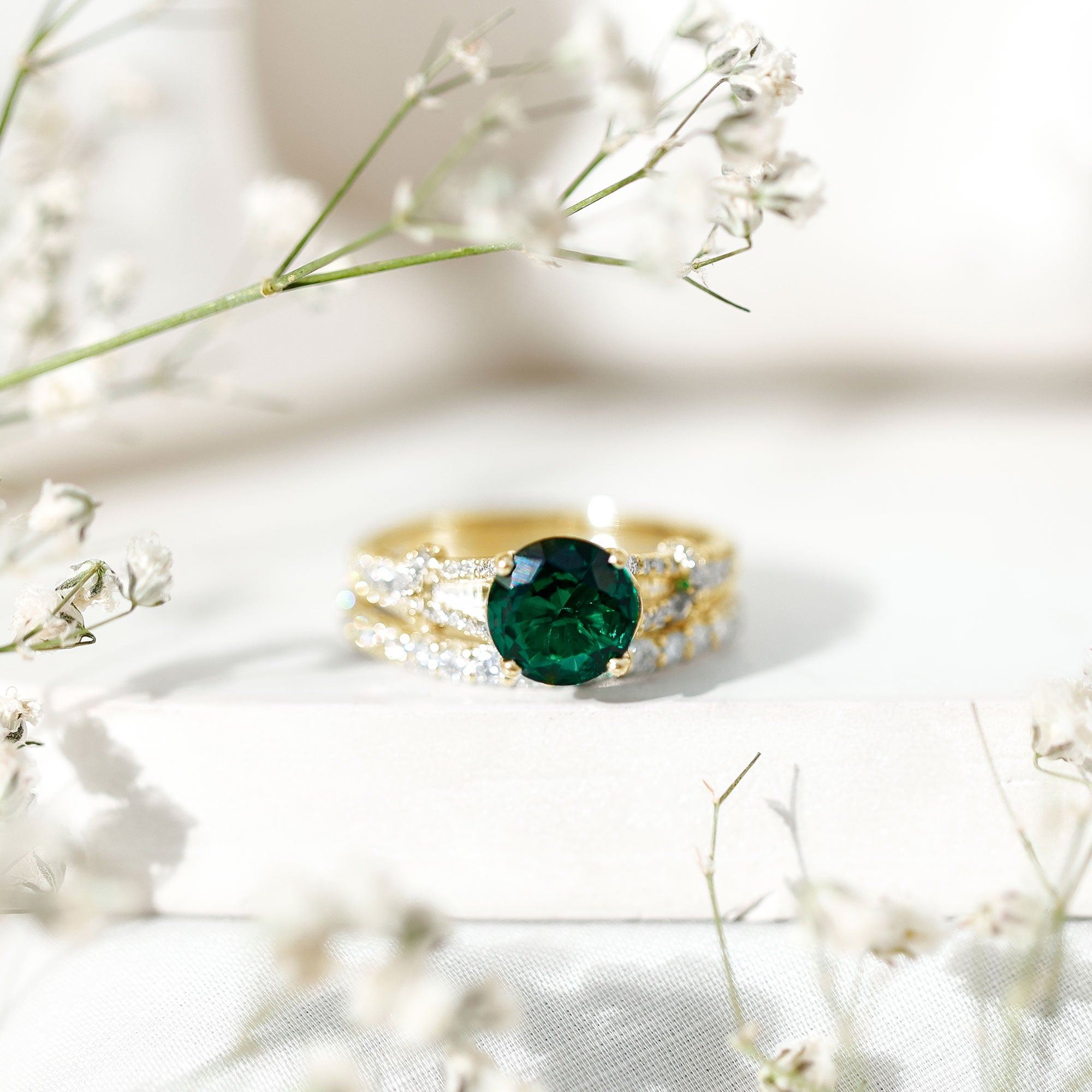 Rosec Jewels-Designer Lab Grown Emerald Engagement Ring with Wedding Band