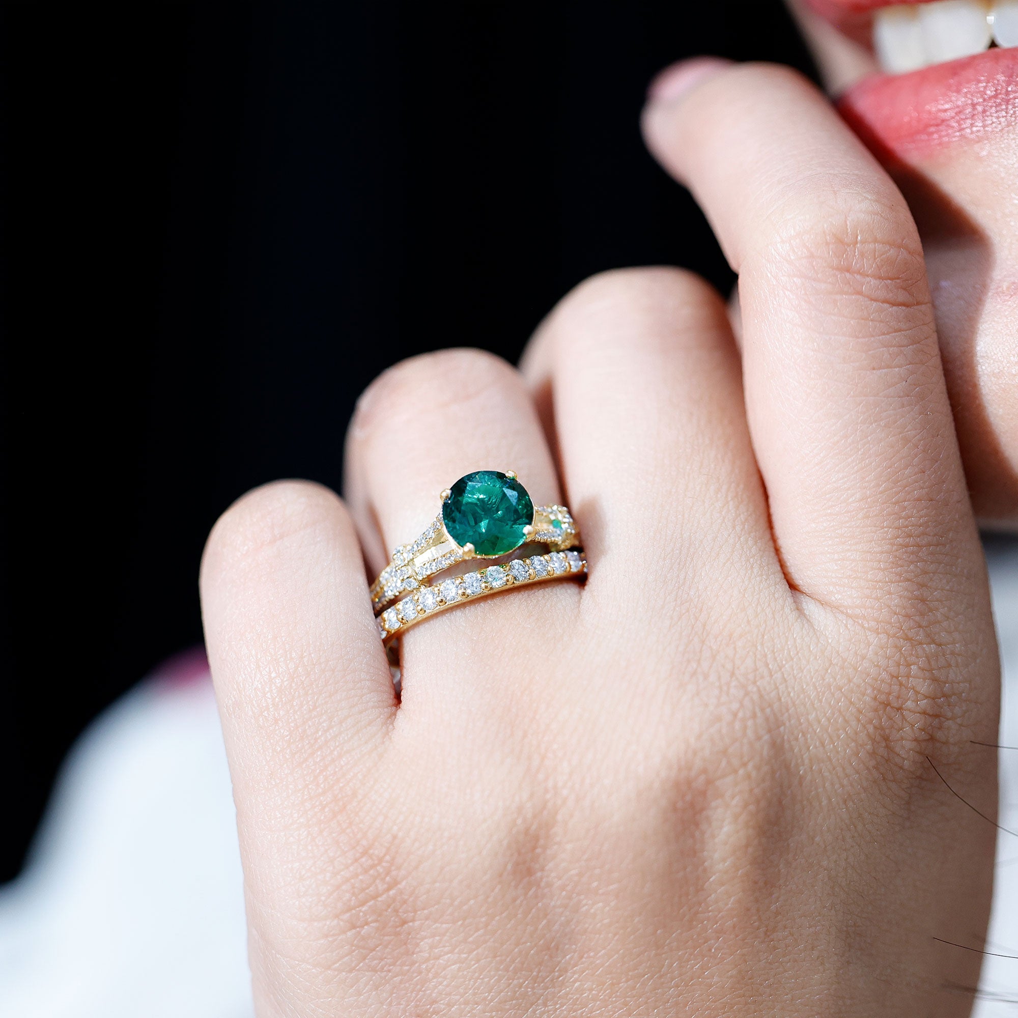 Rosec Jewels-Designer Lab Grown Emerald Engagement Ring with Wedding Band