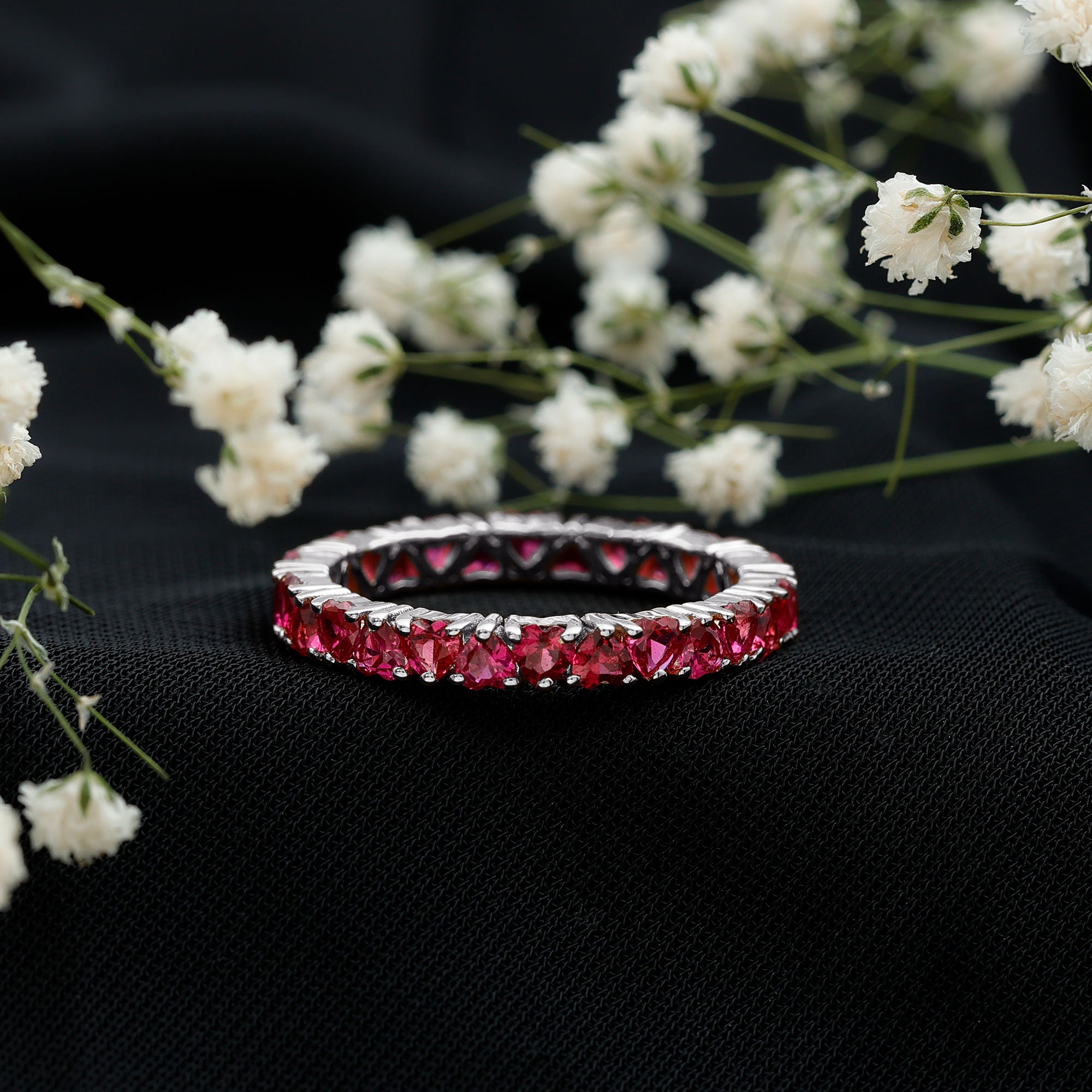 3 Carat Lab Created Ruby Heart Eternity Band Ring AAAA - Rosec Jewels