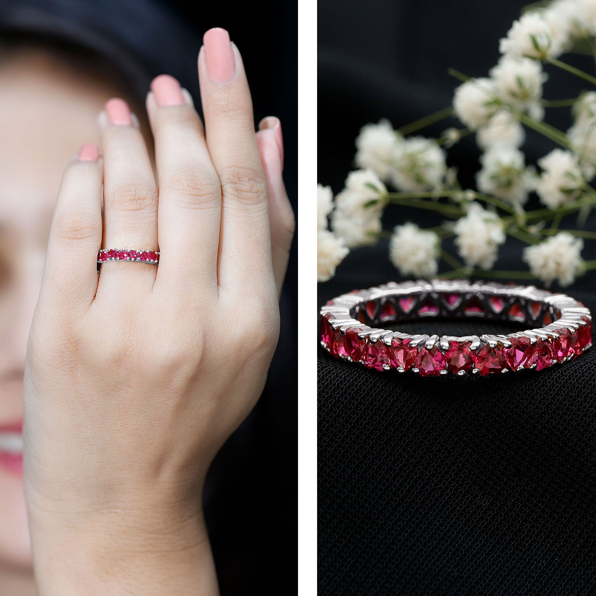 3 Carat Lab Created Ruby Heart Eternity Band Ring AAAA - Rosec Jewels