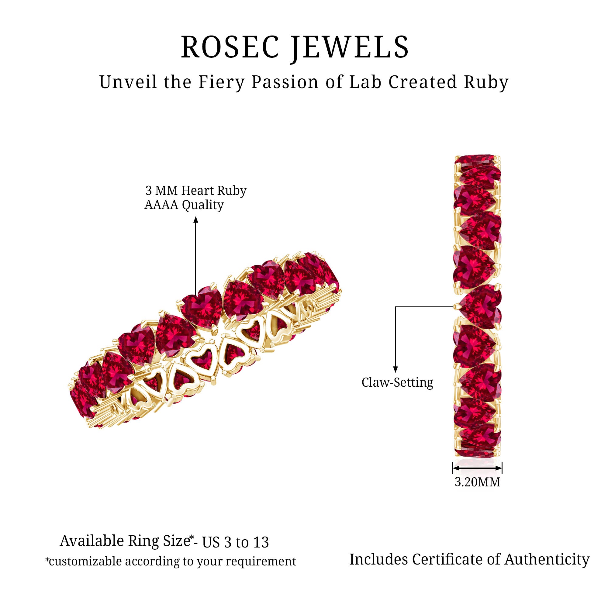 3 Carat Lab Created Ruby Heart Eternity Band Ring AAAA - Rosec Jewels