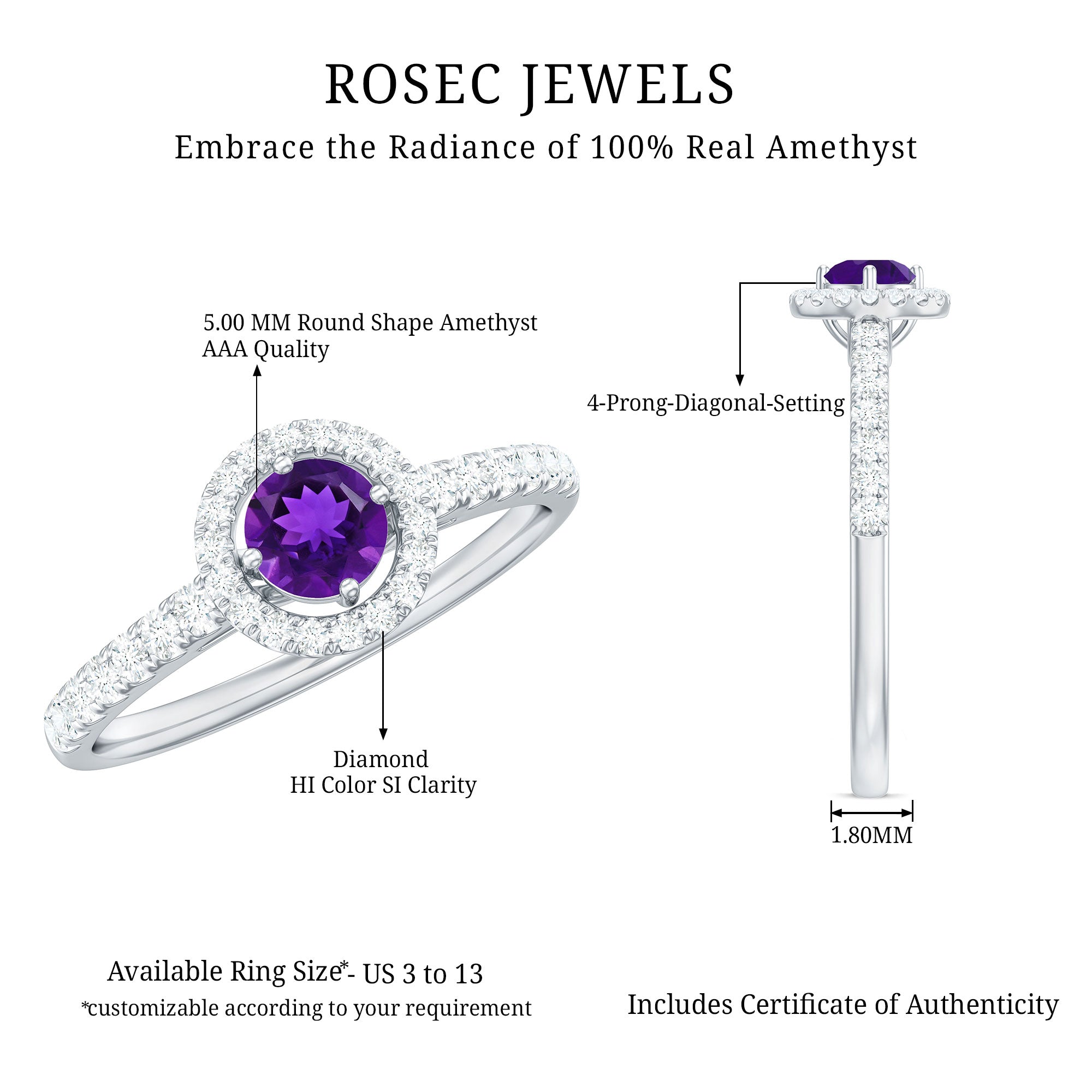 Rosec Jewels-Real Amethyst Promise Ring with Diamond Halo