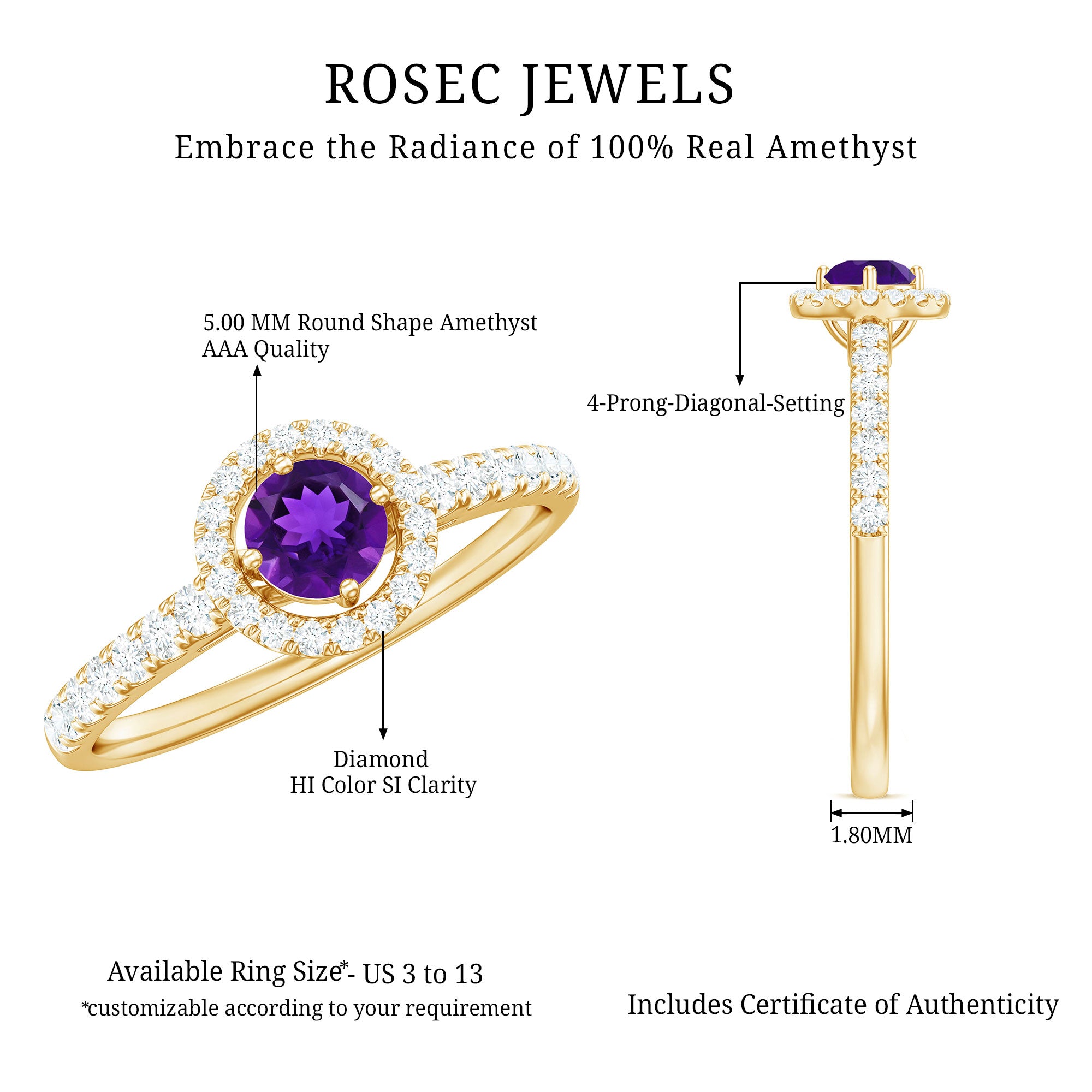 Rosec Jewels-Real Amethyst Promise Ring with Diamond Halo