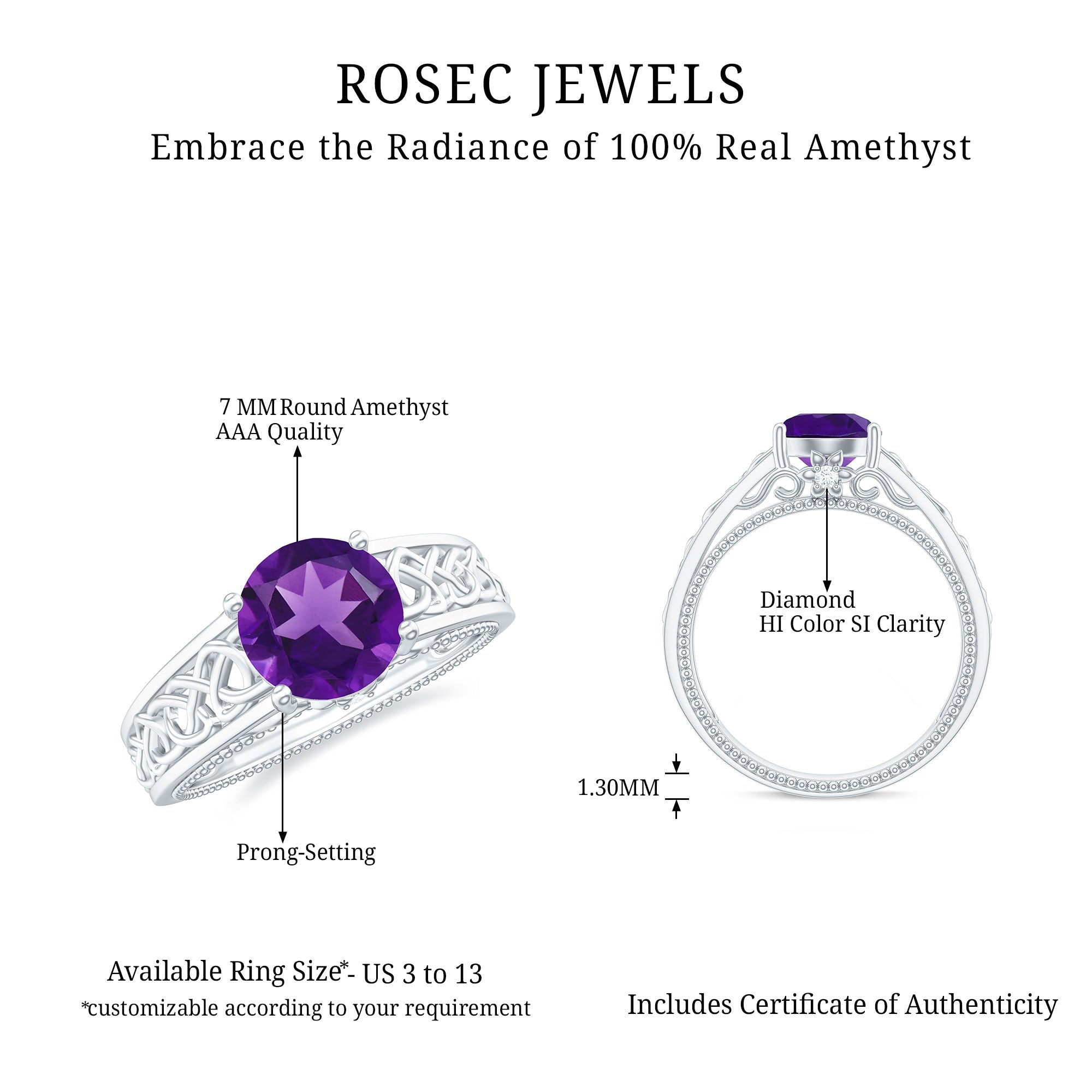 Rosec Jewels-Vintage Looking 1.2 Carat Amethyst Celtic Engagement Ring with Surprise Diamond