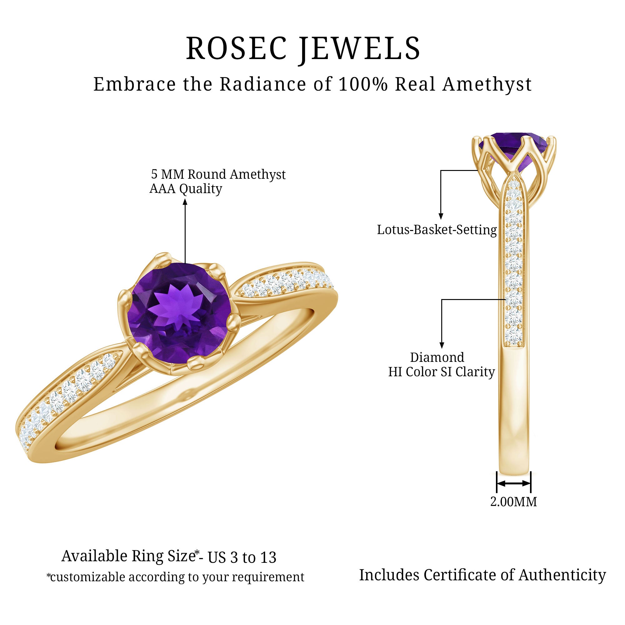 Minimal Amethyst Engagement Ring with Diamond AAA - Rosec Jewels