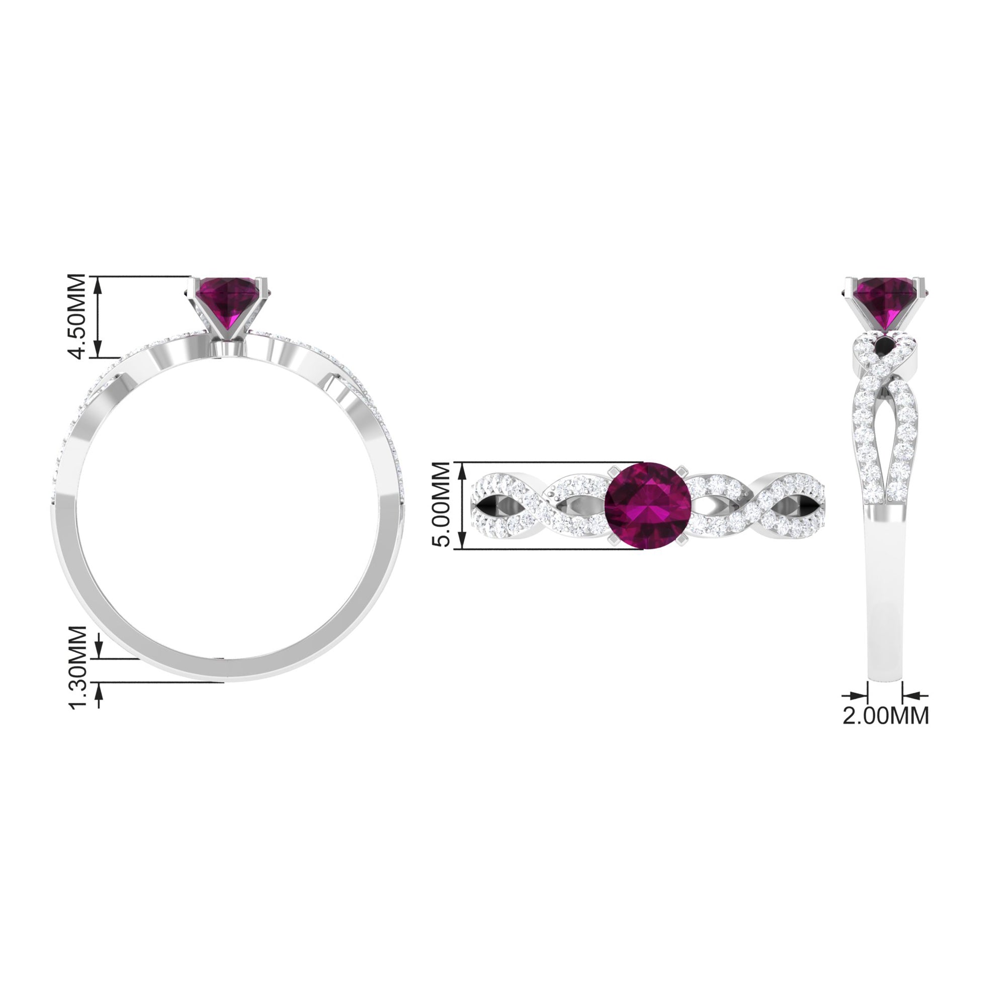 1 CT Round Shape Rhodolite and Diamond Criss Cross Ring Rhodolite - ( AAA ) - Quality - Rosec Jewels