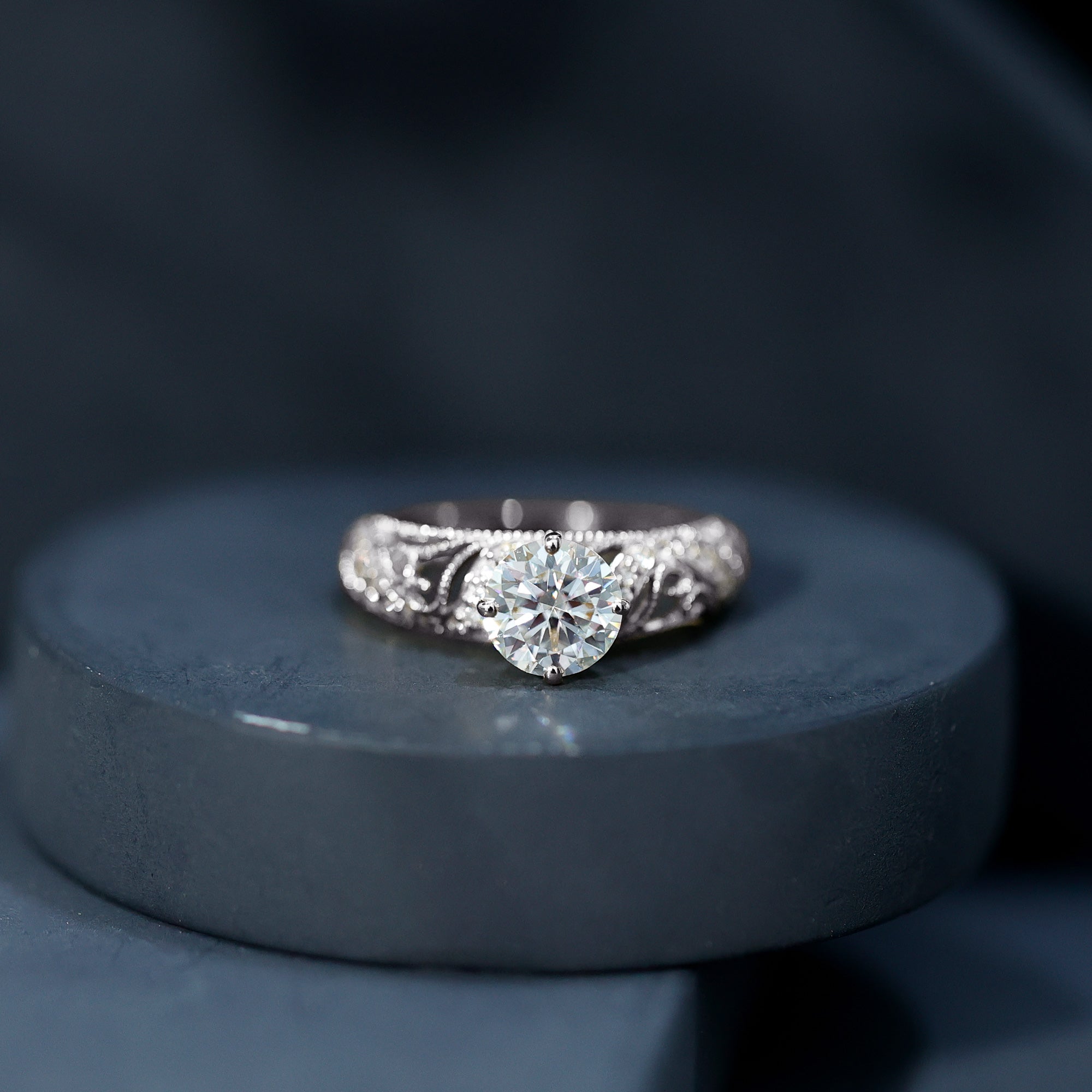 Rosec Jewels-Round Cut Moissanite Vintage Engagement Ring With Diagonal Prongs