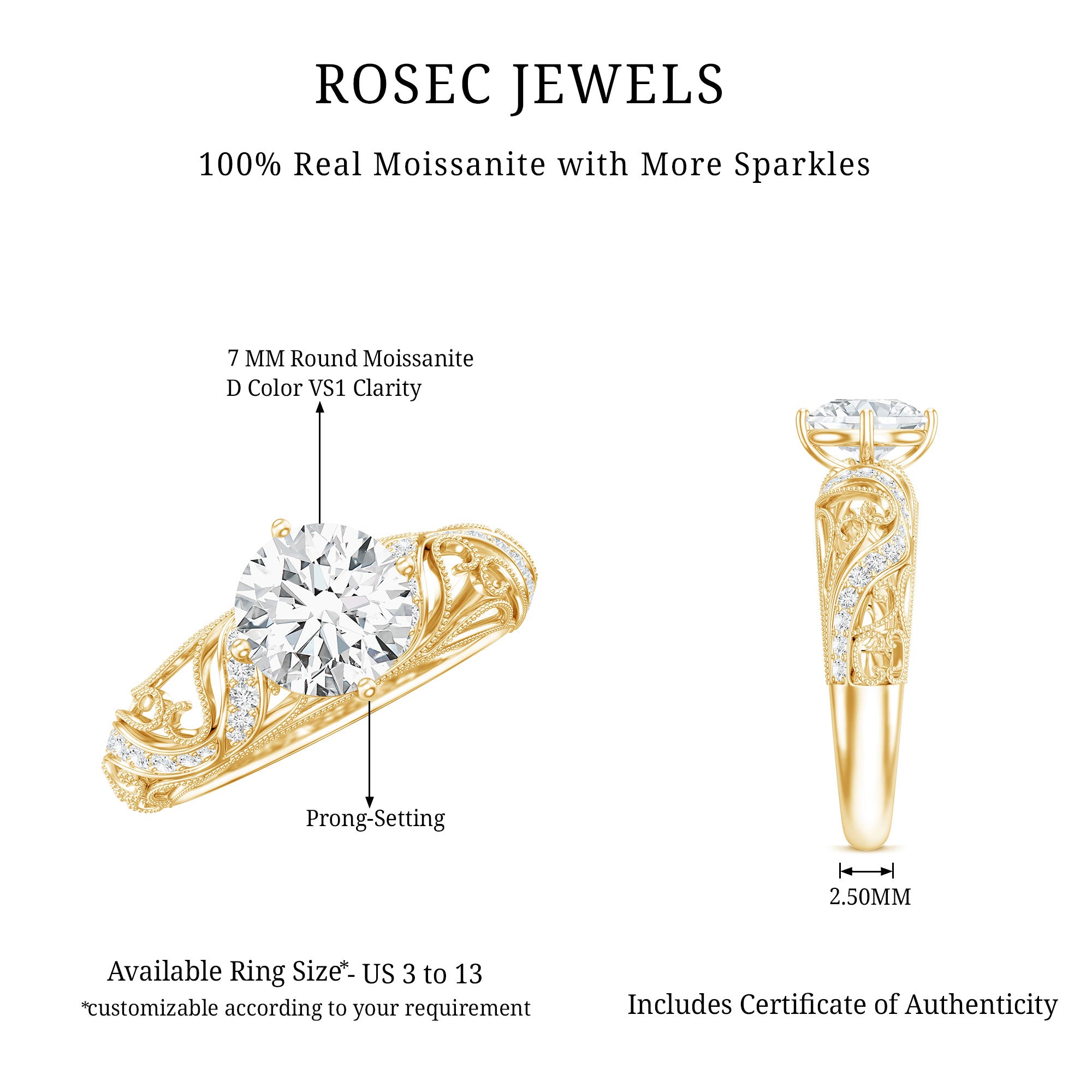 Rosec Jewels-Round Cut Moissanite Vintage Engagement Ring With Diagonal Prongs