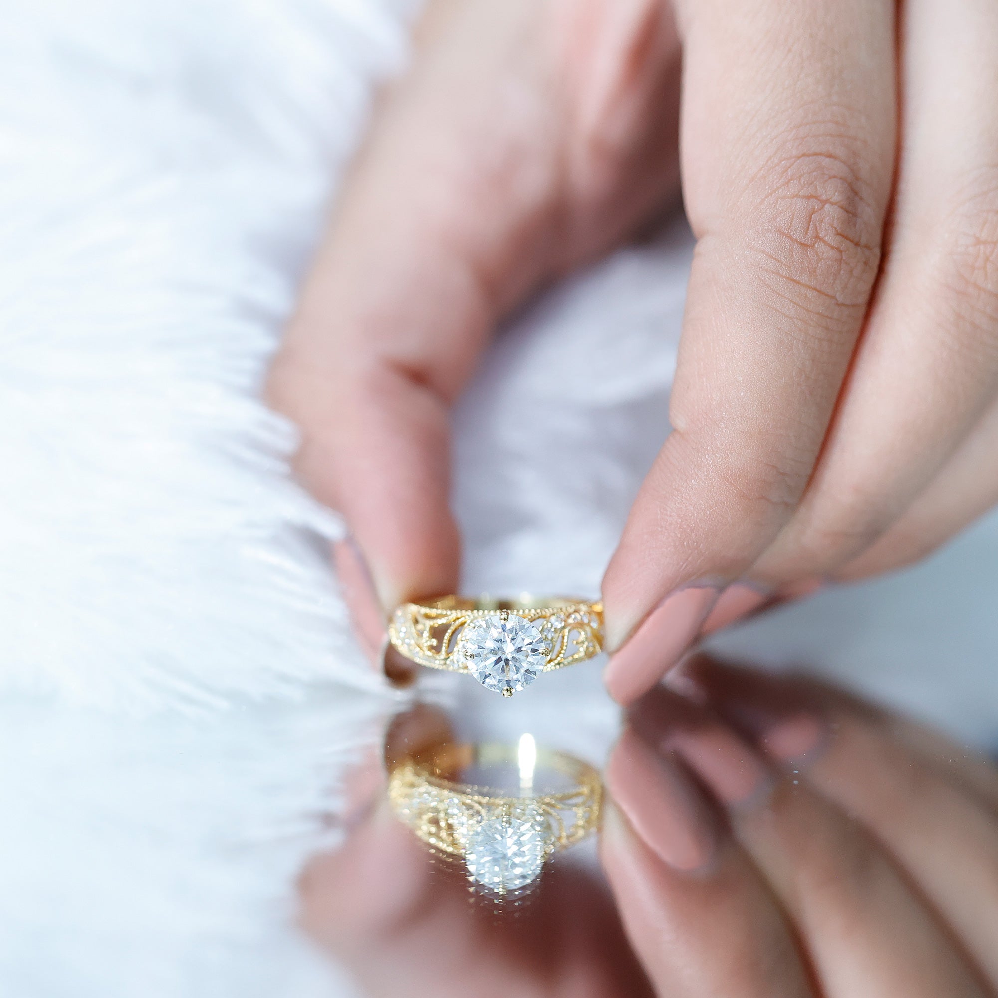 Rosec Jewels-Round Cut Moissanite Vintage Engagement Ring With Diagonal Prongs