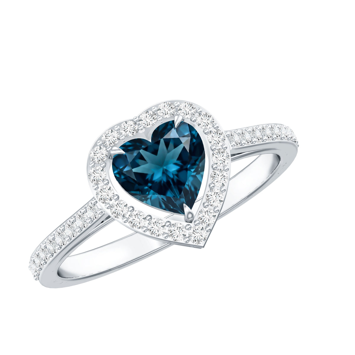 Heart Shaped London Blue Topaz Engagement Ring with Diamond Halo AAA - Rosec Jewels