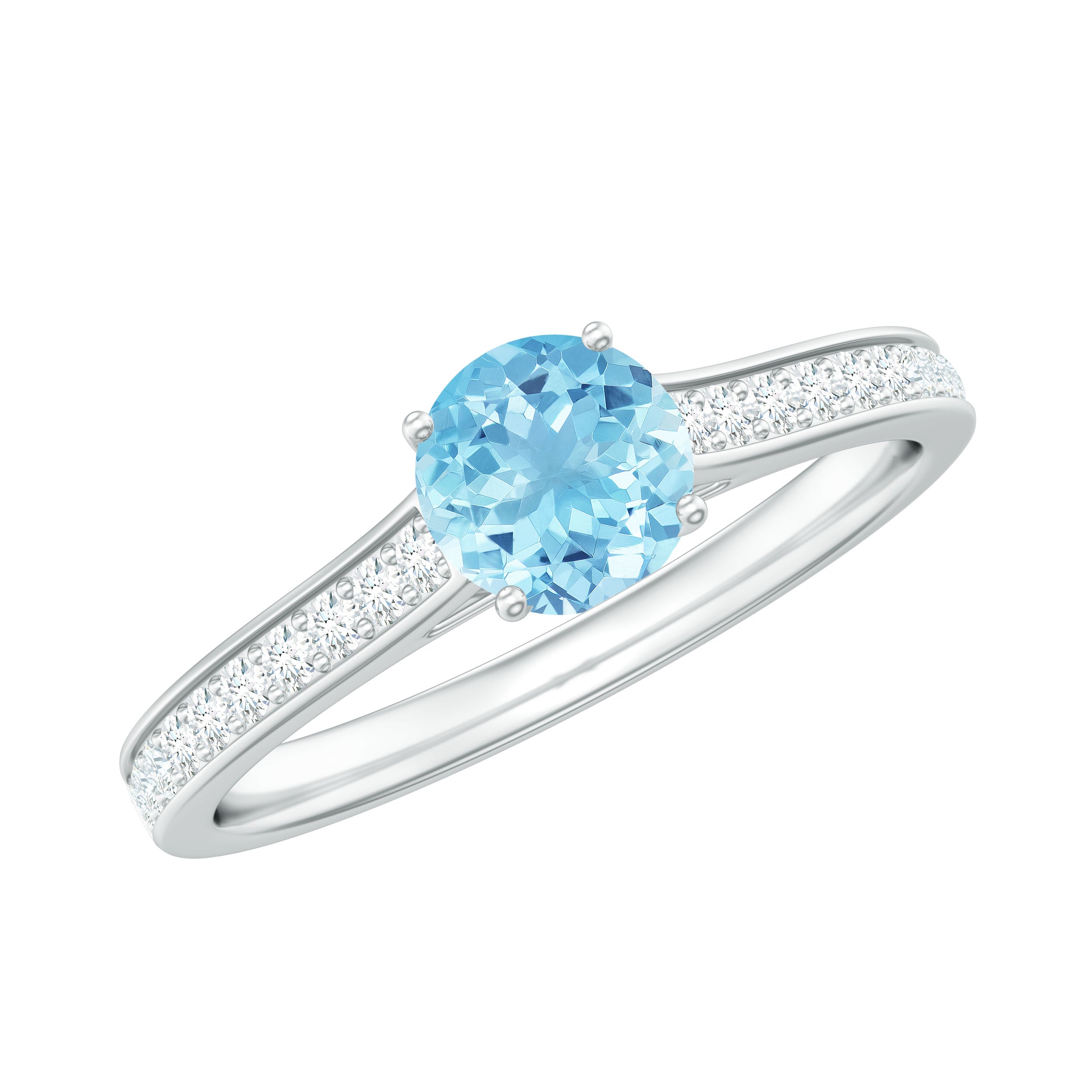 Certified Real Aquamarine Solitaire Ring with Diamond Side Stones AAA - Rosec Jewels