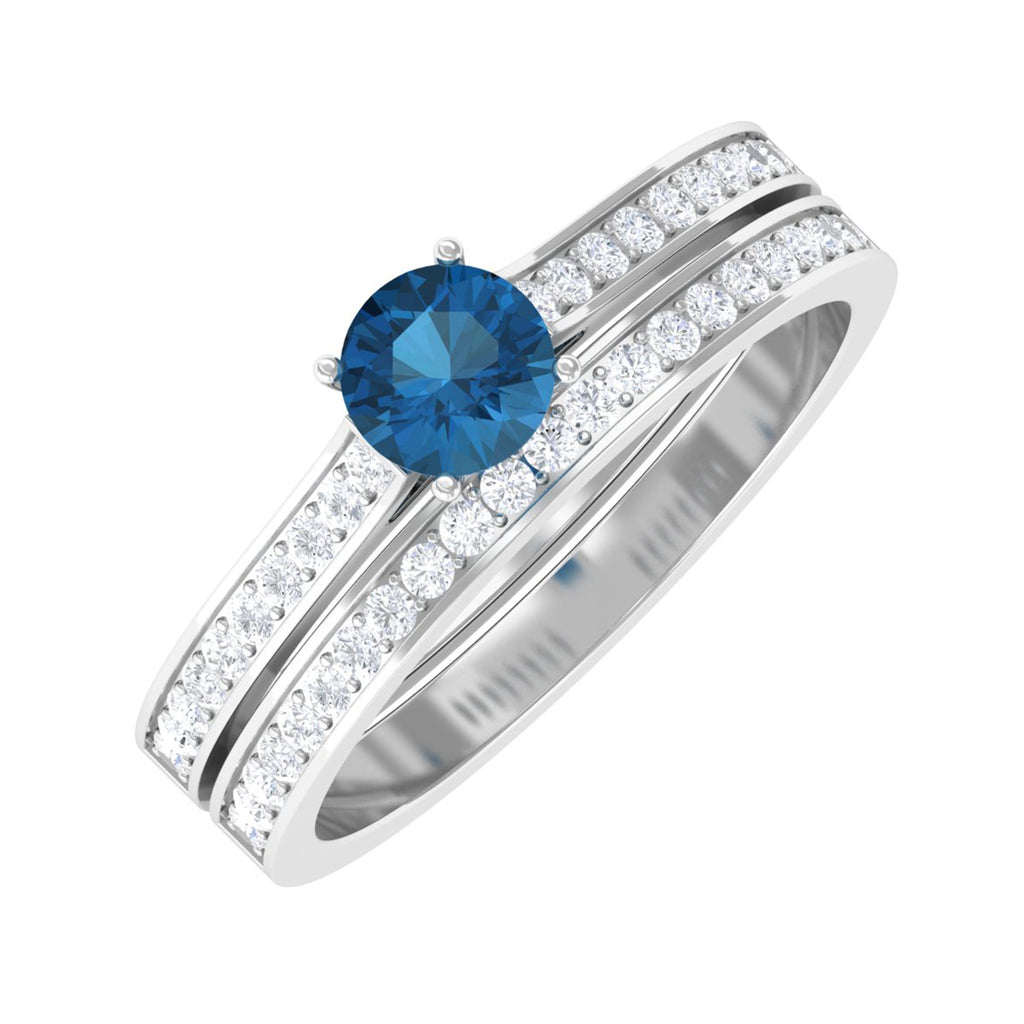 London Blue Topaz and Diamond Wedding Ring Set London Blue Topaz - ( AAA ) - Quality - Rosec Jewels