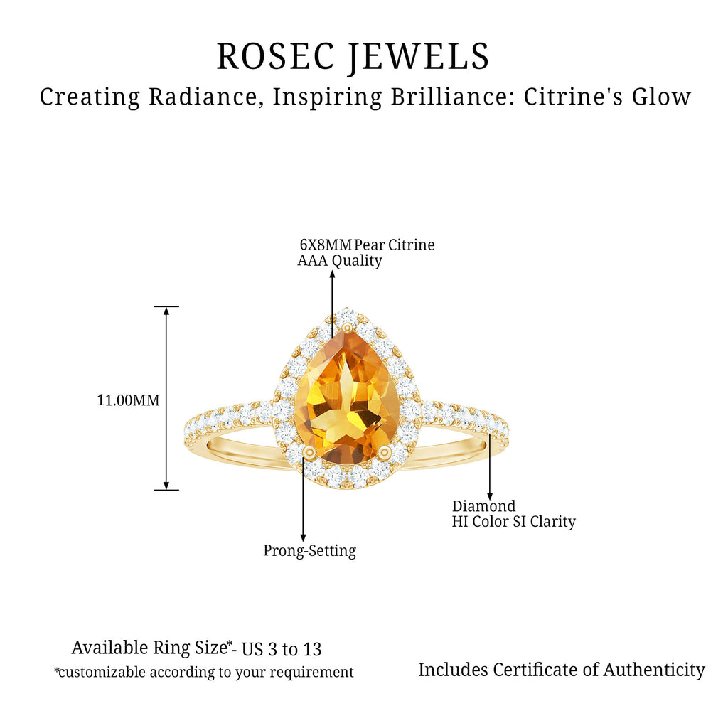 1.5 CT Citrine Teardrop Ring with Diamond Halo Citrine - ( AAA ) - Quality - Rosec Jewels