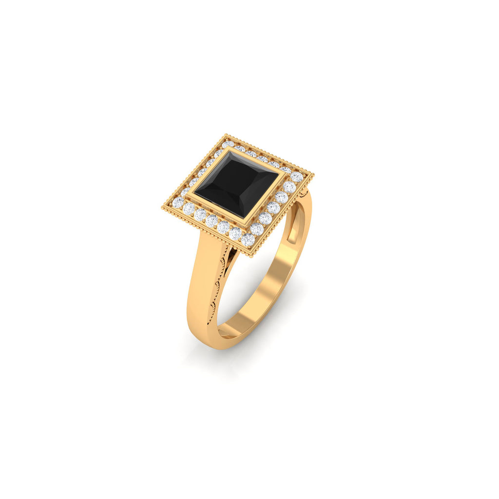 1 CT Princess Cut Created Black Diamond Solitaire Ring with Halo Diamond Lab Created Black Diamond - ( AAAA ) - Quality - Rosec Jewels