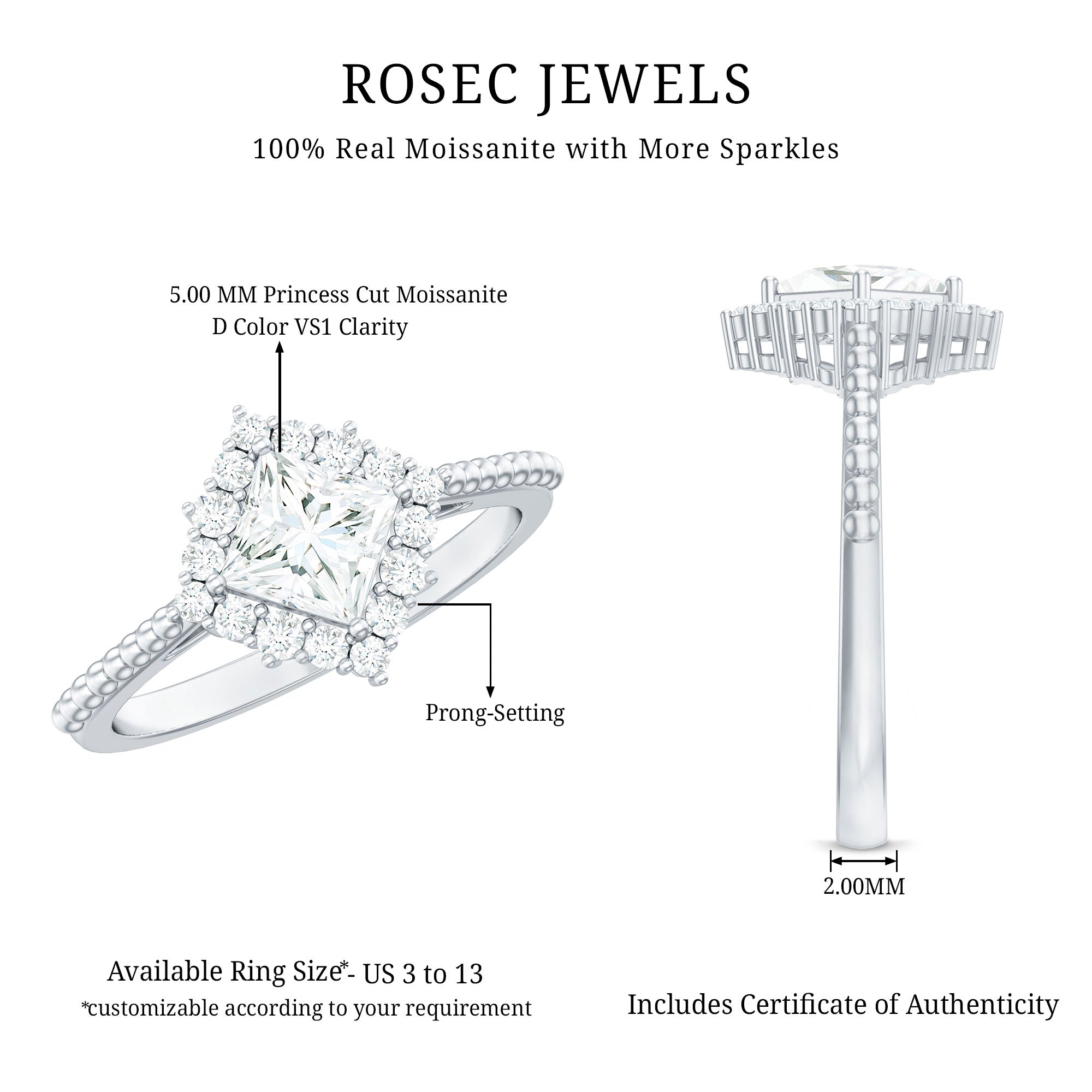 5 mm Princess Cut Moissanite Vintage Inspired Ring D-VS1 - Rosec Jewels