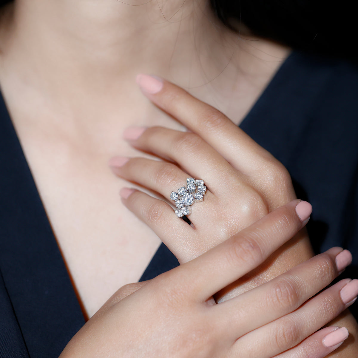 Certified 4 Carat Moissanite Cluster Statement Ring in Silver D-VS1 92.5 Sterling Silver - Rosec Jewels