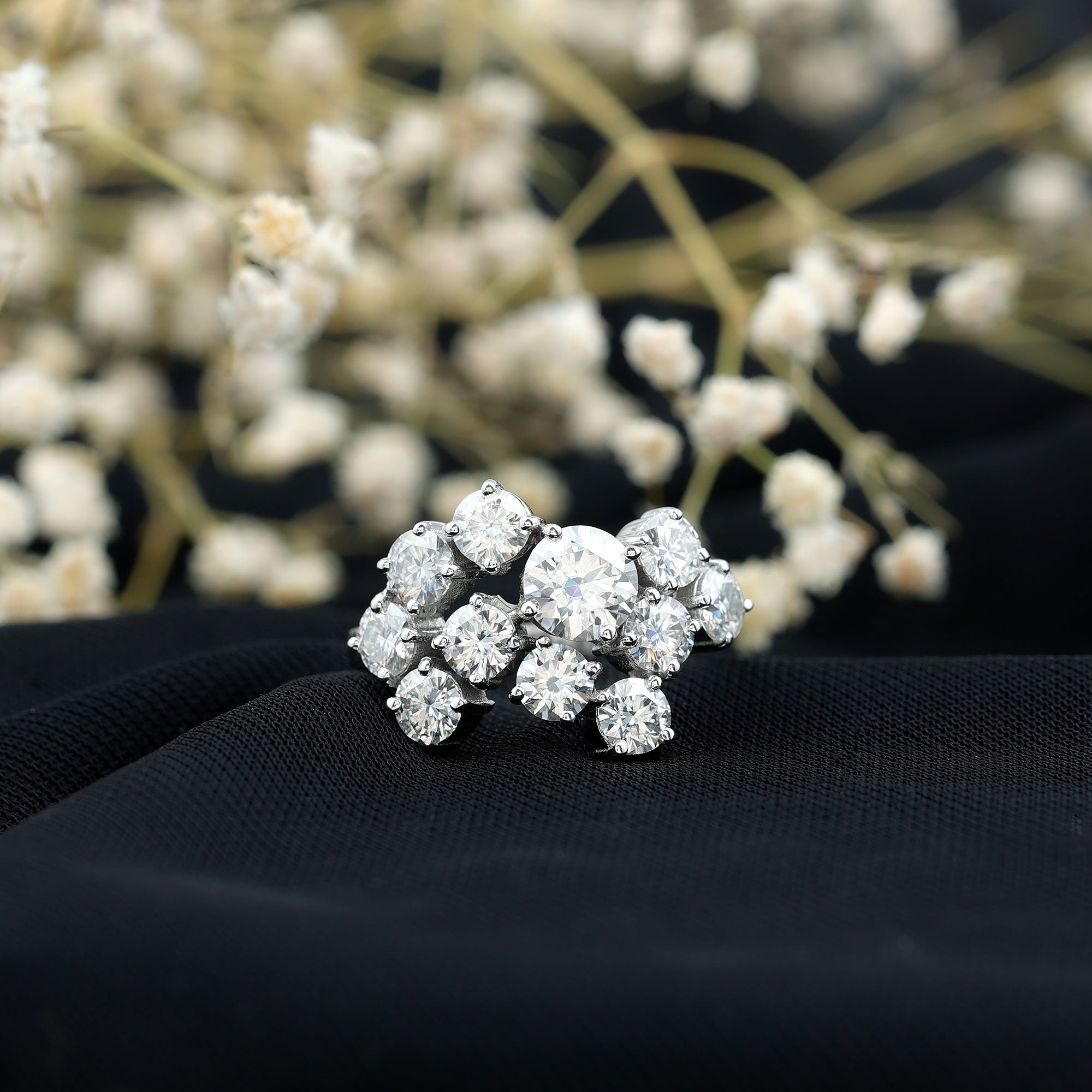 Certified Moissanite Cluster Statement Ring in Silver D-VS1 92.5 Sterling Silver - Rosec Jewels