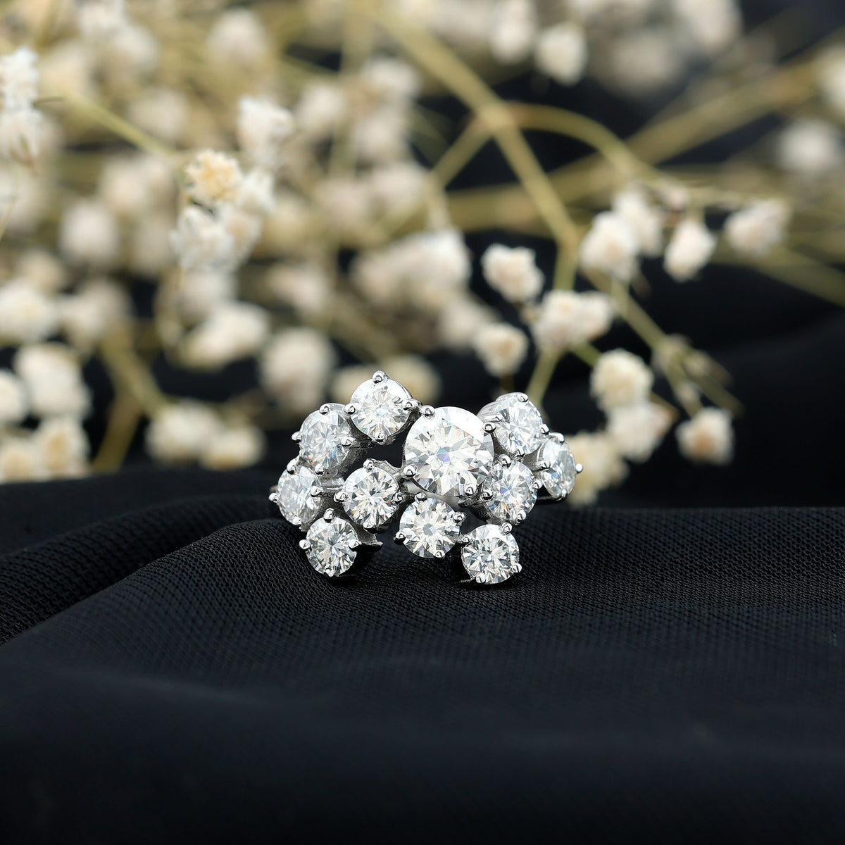 Certified 4 Carat Moissanite Cluster Statement Ring in Silver D-VS1 92.5 Sterling Silver - Rosec Jewels