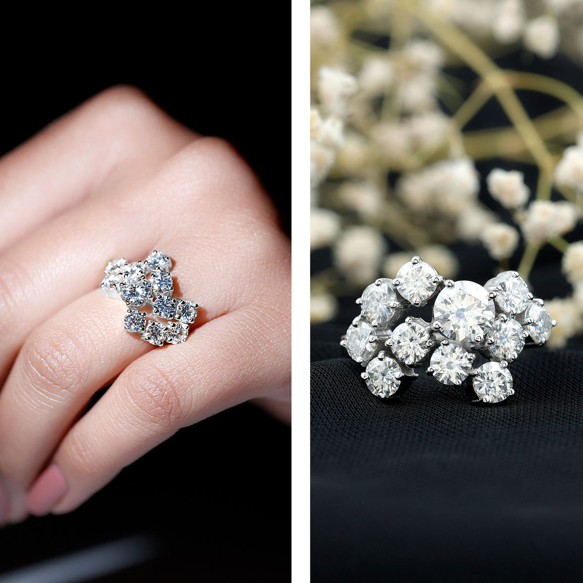 Certified 4 Carat Moissanite Cluster Statement Ring in Silver D-VS1 92.5 Sterling Silver - Rosec Jewels