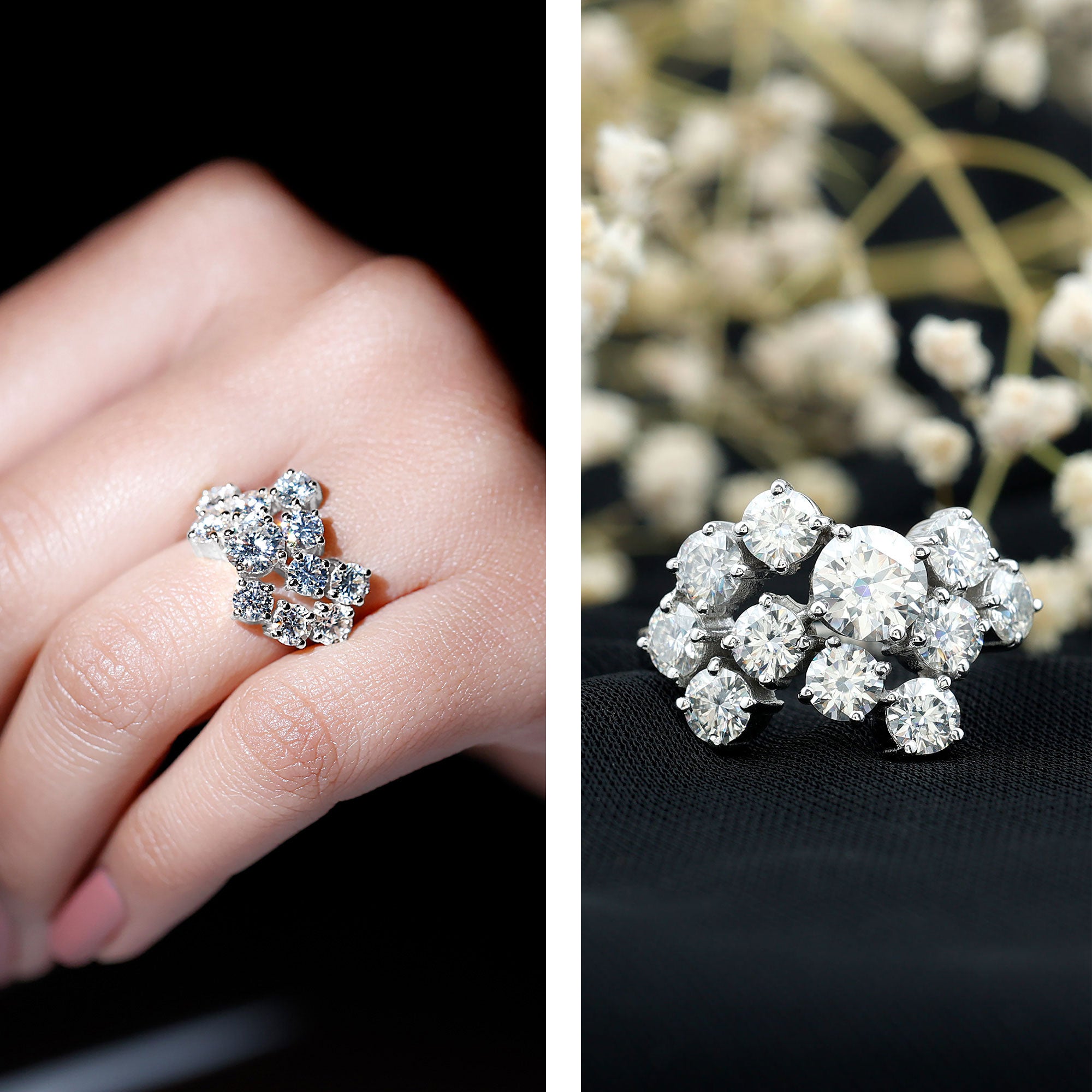 Certified Moissanite Cluster Statement Ring in Silver D-VS1 92.5 Sterling Silver - Rosec Jewels