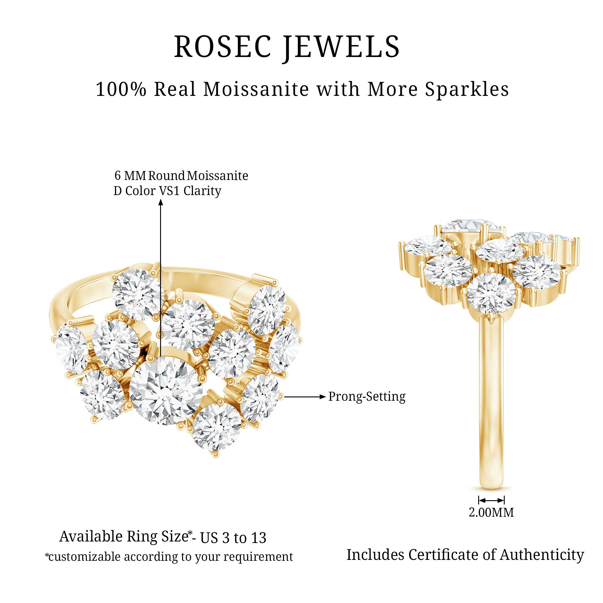 Certified Moissanite Cluster Statement Ring in Silver D-VS1 14K Yellow Gold Plated Silver - Rosec Jewels