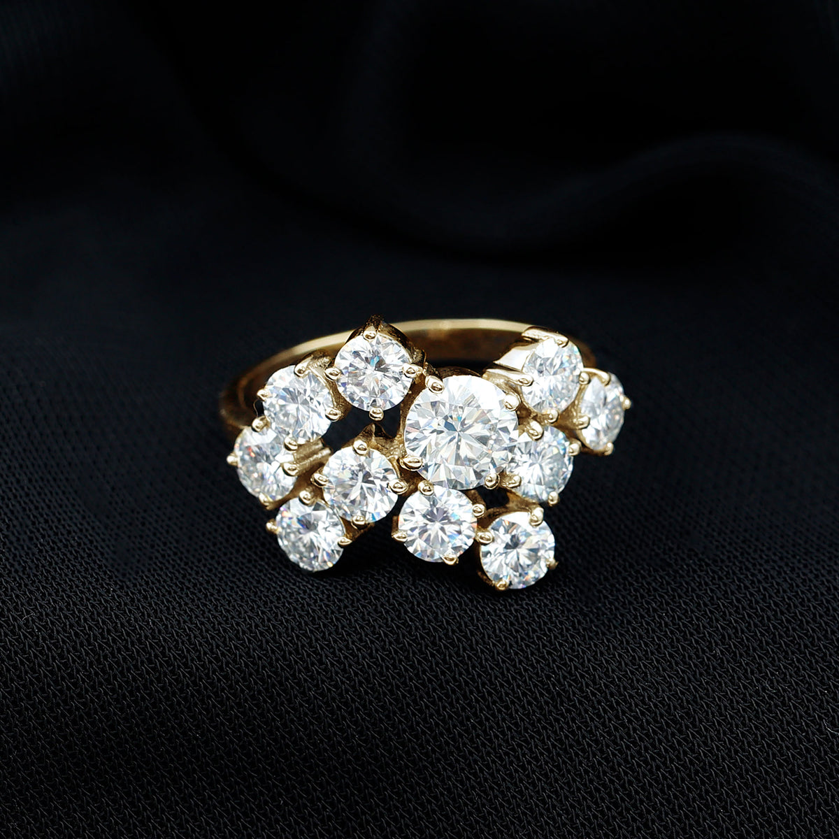 Certified 4 Carat Moissanite Cluster Statement Ring in Silver D-VS1 14K Yellow Gold Plated Silver - Rosec Jewels
