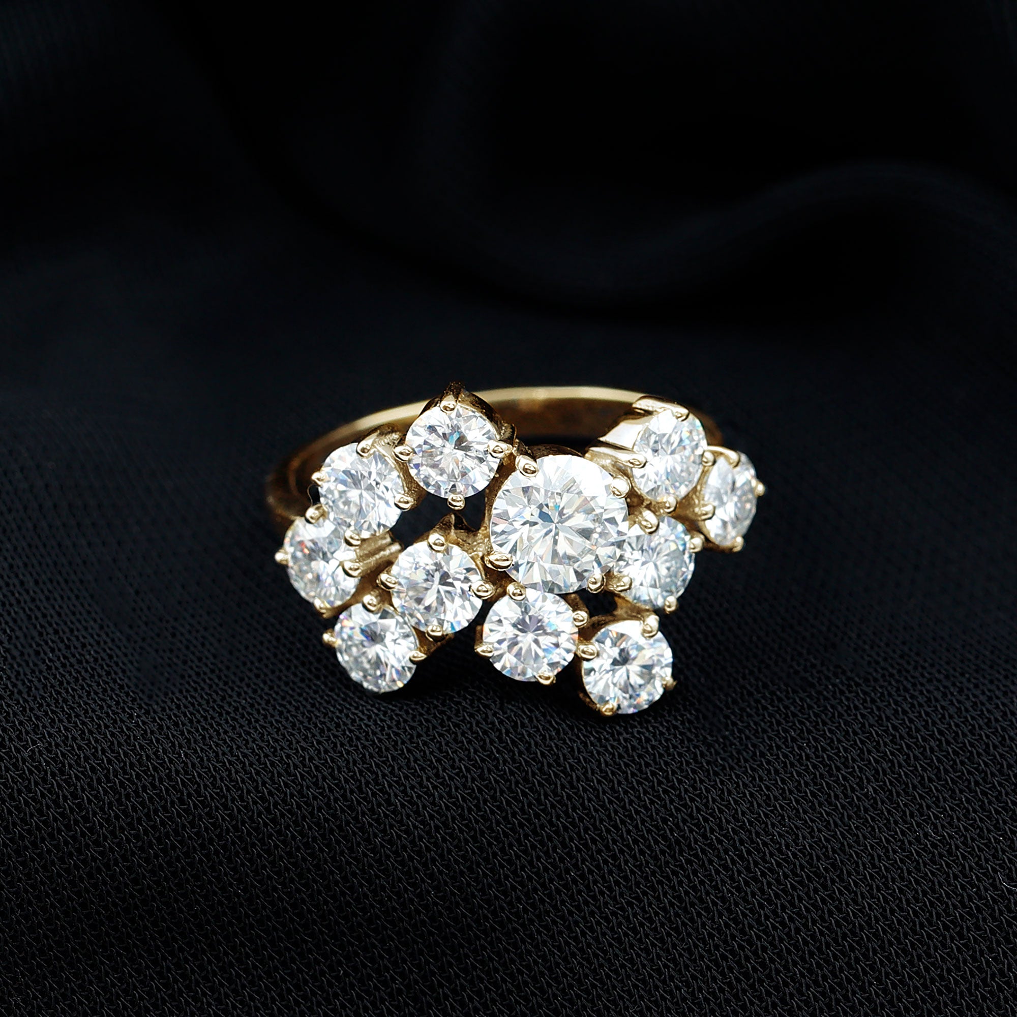Certified Moissanite Cluster Statement Ring in Silver D-VS1 14K Yellow Gold Plated Silver - Rosec Jewels