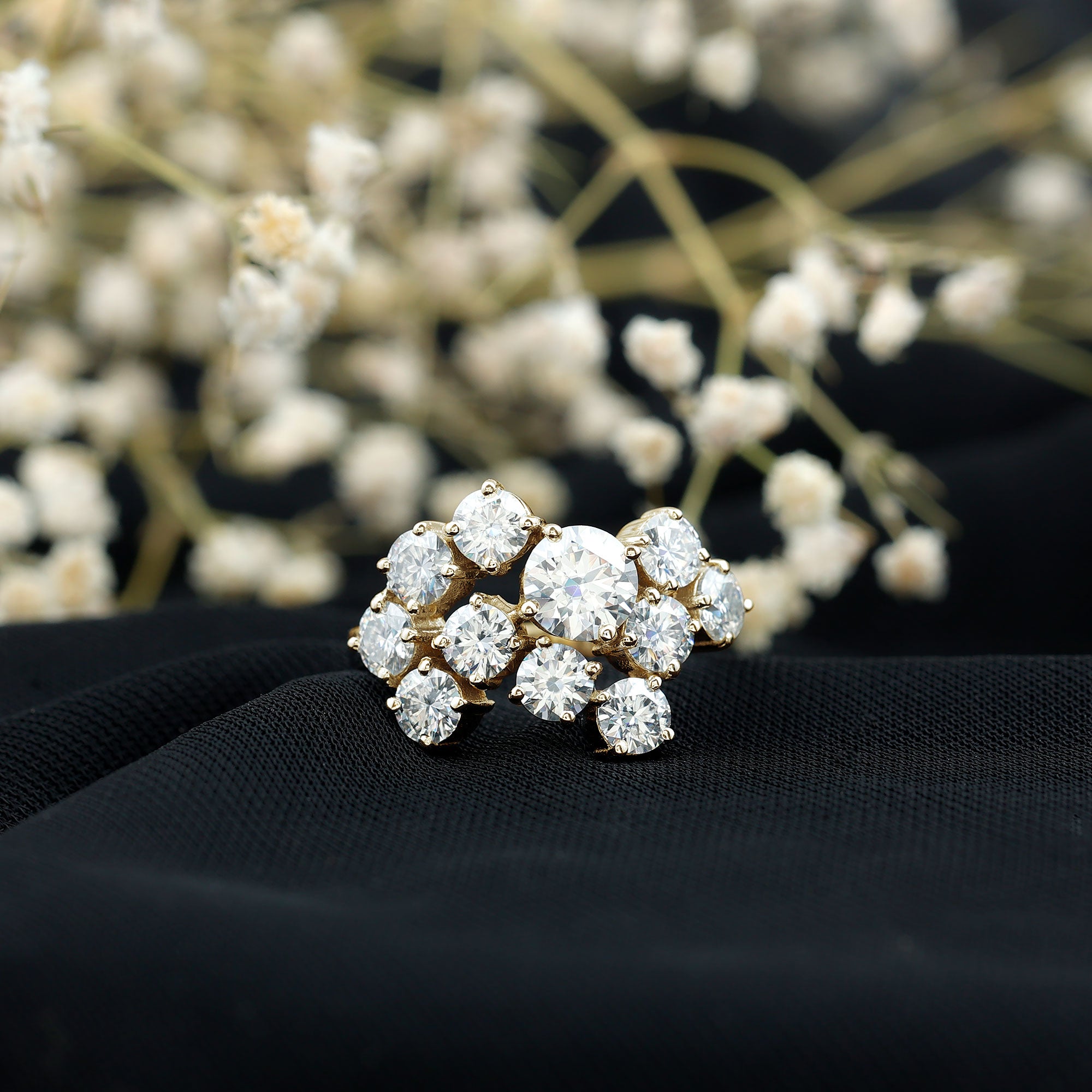 Certified Moissanite Cluster Statement Ring in Silver D-VS1 14K Yellow Gold Plated Silver - Rosec Jewels