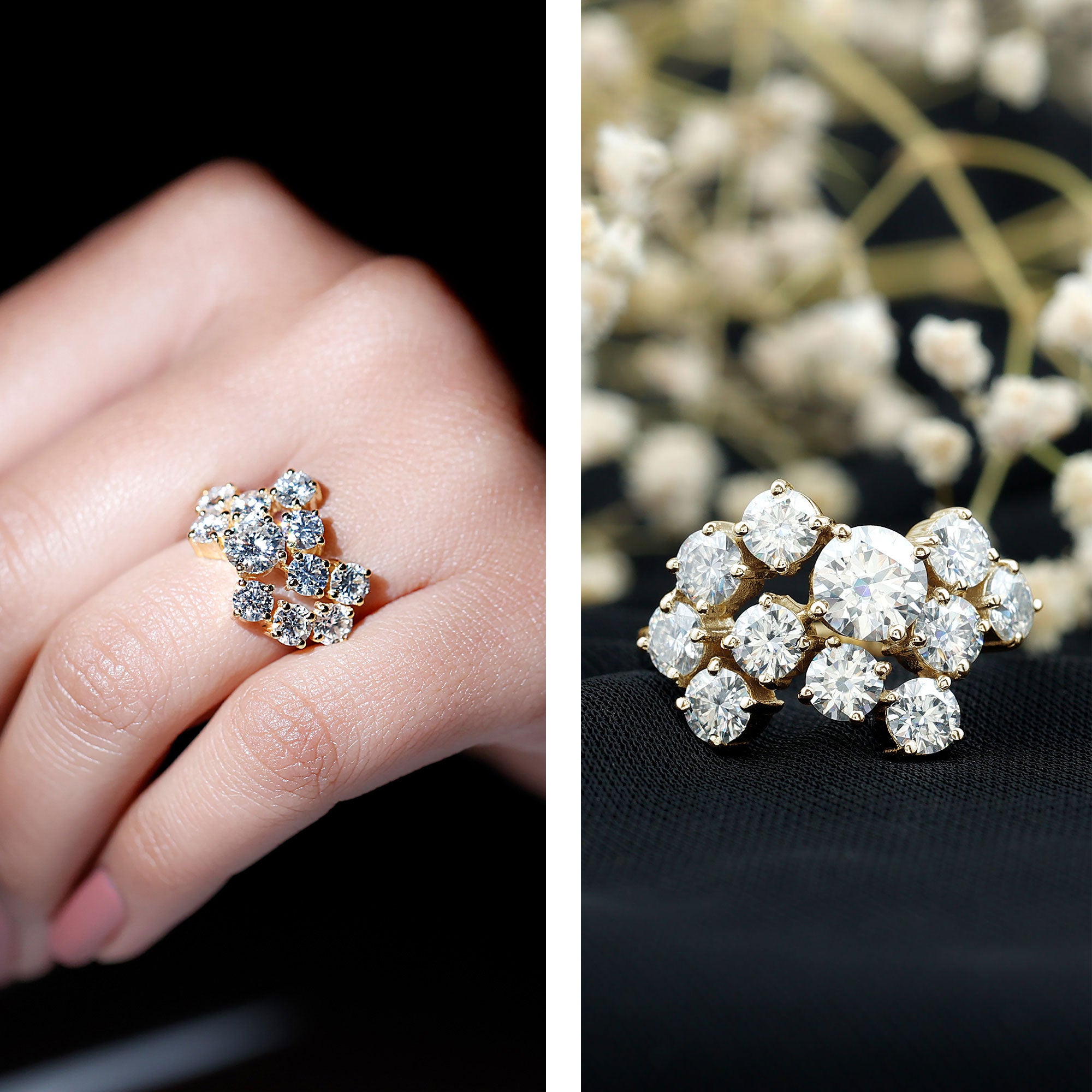 Certified Moissanite Cluster Statement Ring in Silver D-VS1 14K Yellow Gold Plated Silver - Rosec Jewels