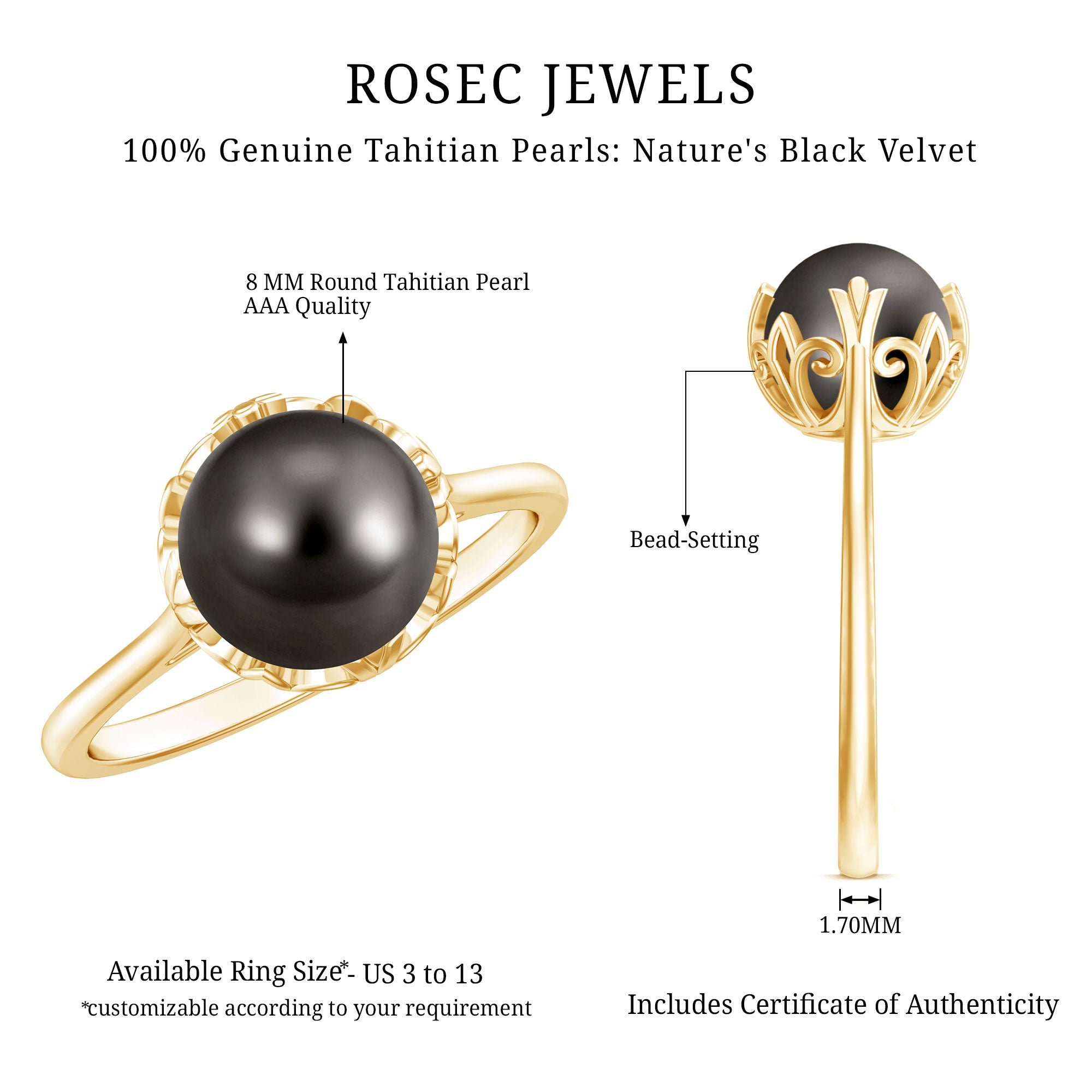 Rosec Jewels-Handpicked Genuine Black Tahitian Pearl Engagement Ring