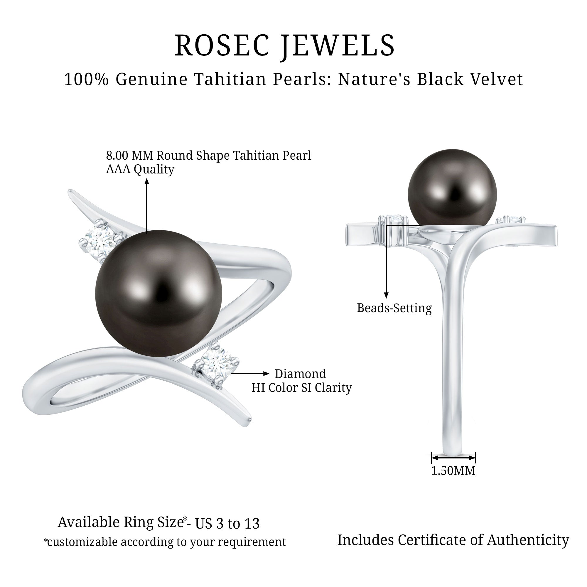 Rosec Jewels-Tahitian Black Pearl Bypass Engagement Ring with Diamond