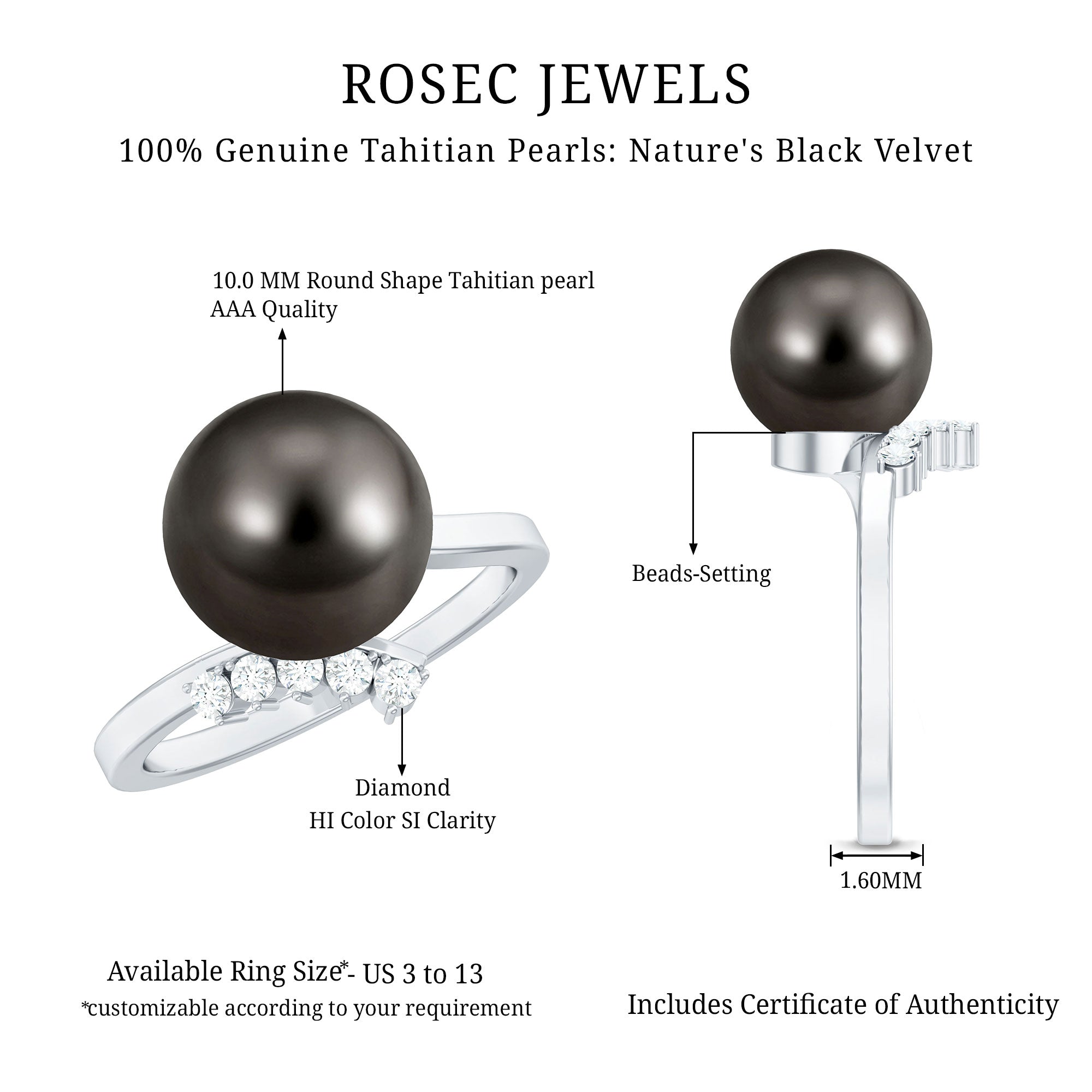7.75 CT Designer Tahitian Pearl Solitaire Ring with Diamond AAA - Rosec Jewels
