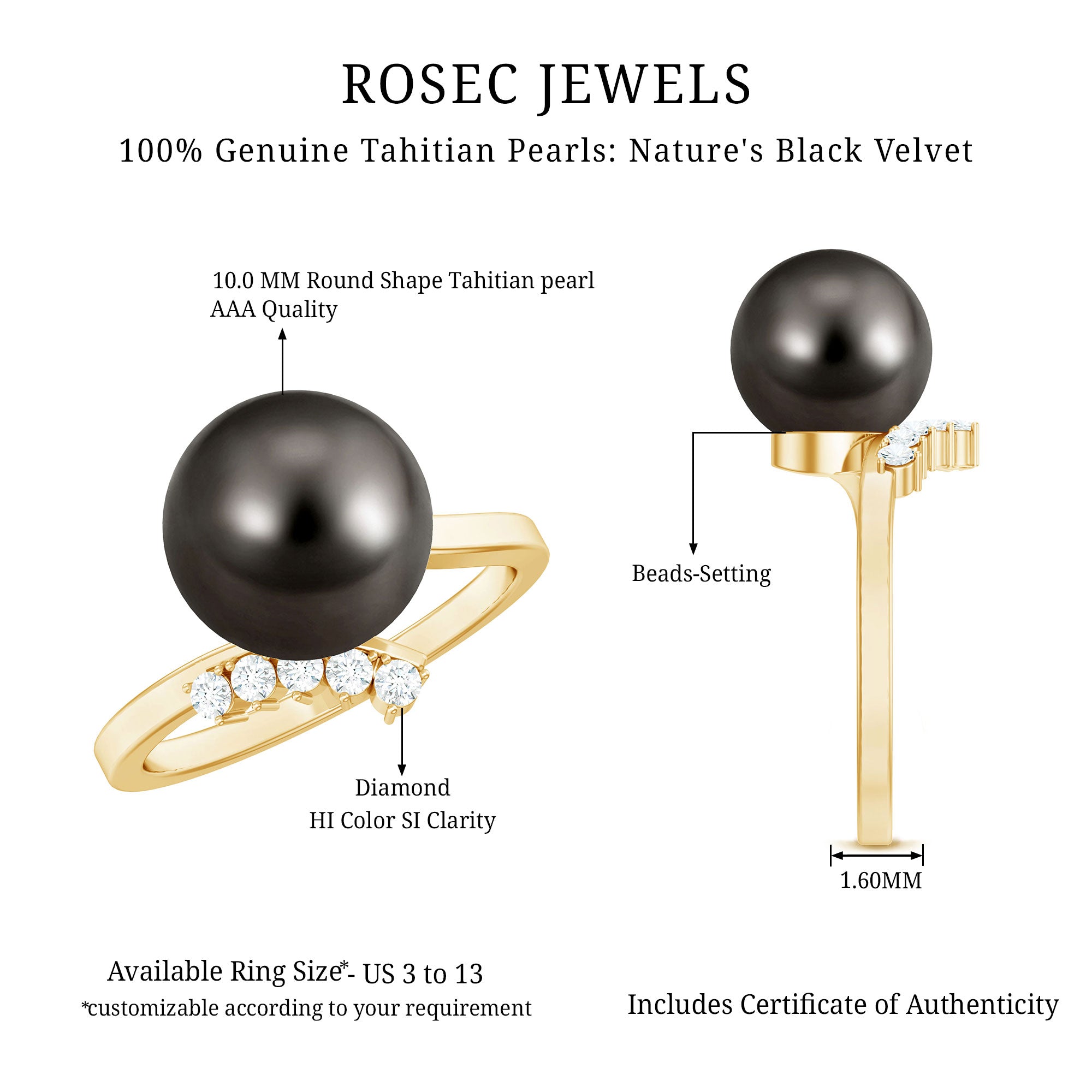 7.75 CT Designer Tahitian Pearl Solitaire Ring with Diamond AAA - Rosec Jewels