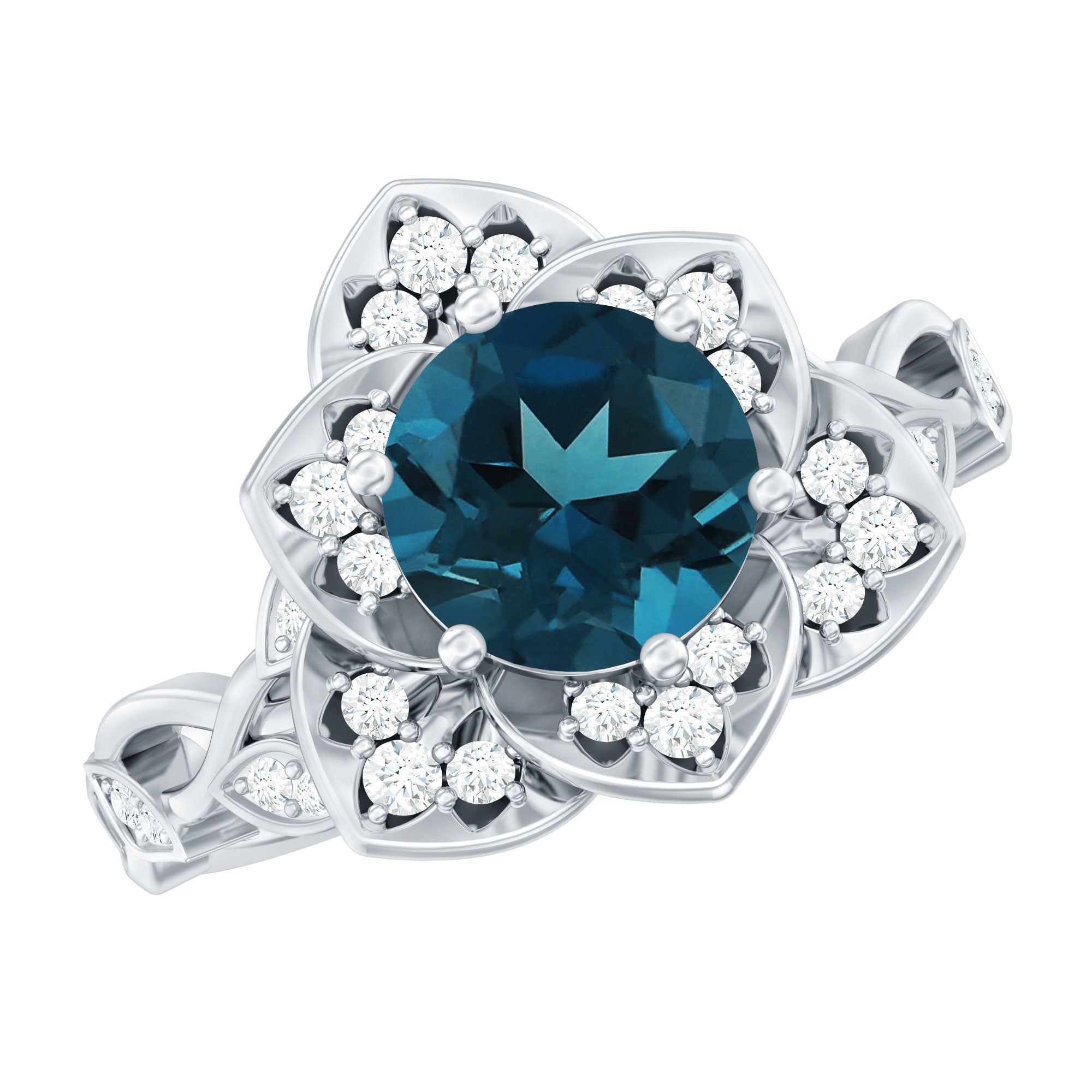 Rosec Jewels-London Blue Topaz and Diamond Cocktail Flower Engagement Ring